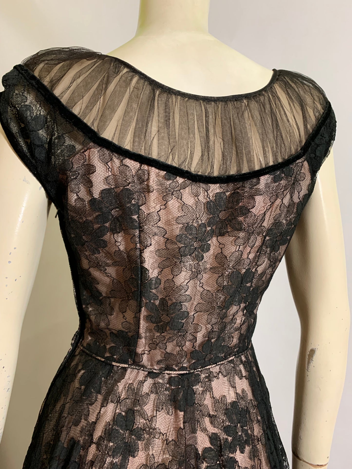 Lingerie Inspired Black and Pink Chiffon Lace Party Dress by Emma Domb circa 1950s