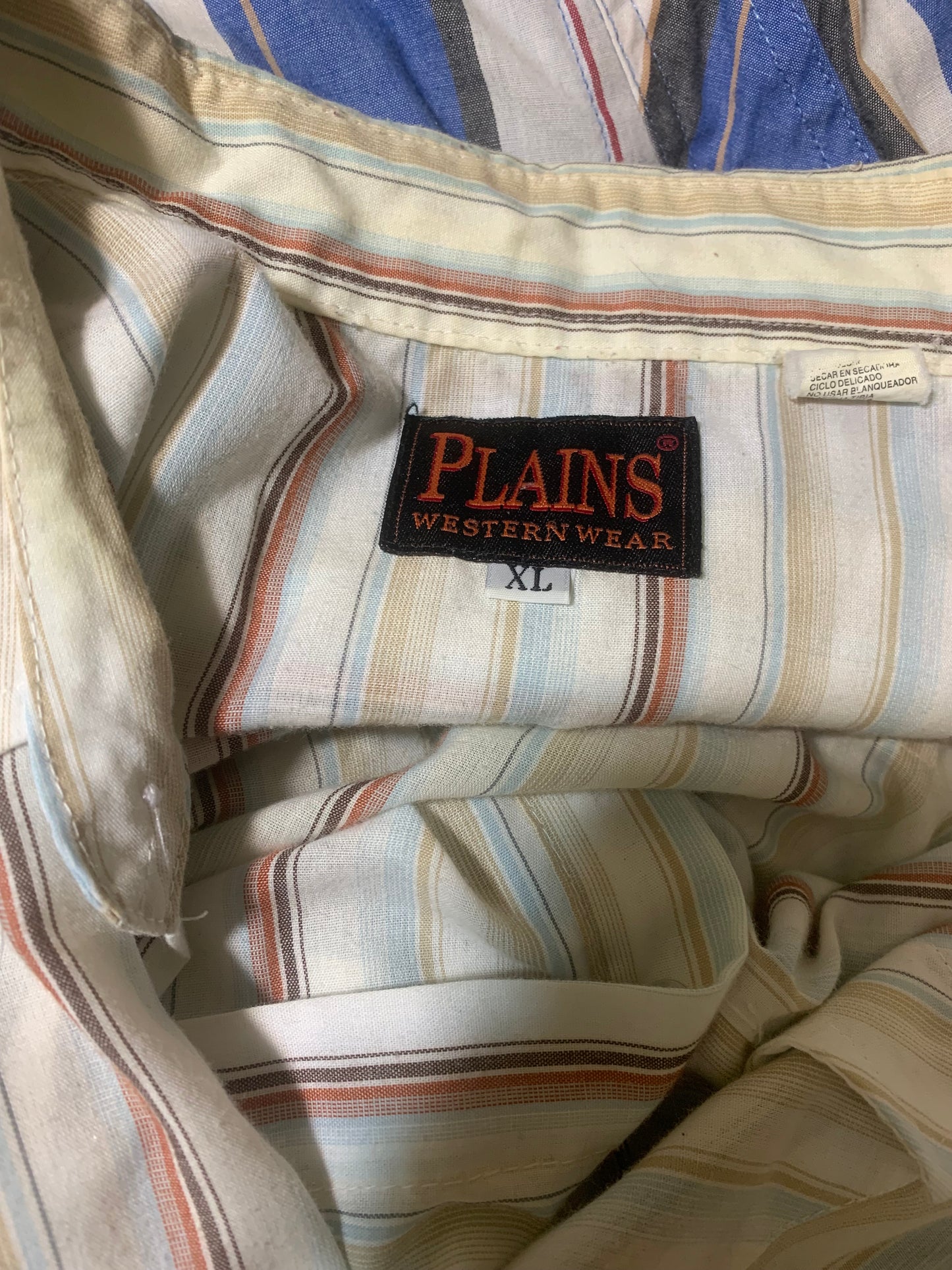 Tan, White and Blue Cotton Snap Front Men's Western Shirt circa 1980s XL