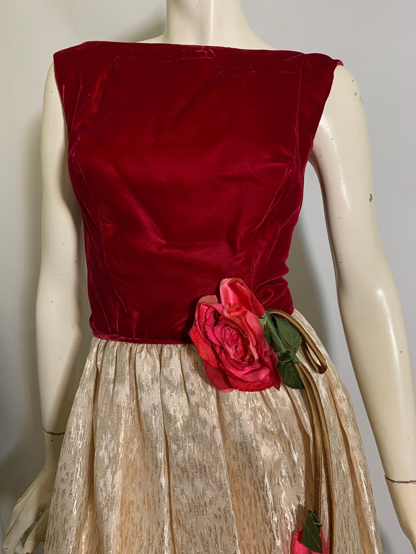 Red Velvet Bodice Dress with Metallic Gold Skirt Pink Rose Accent circa 1960s