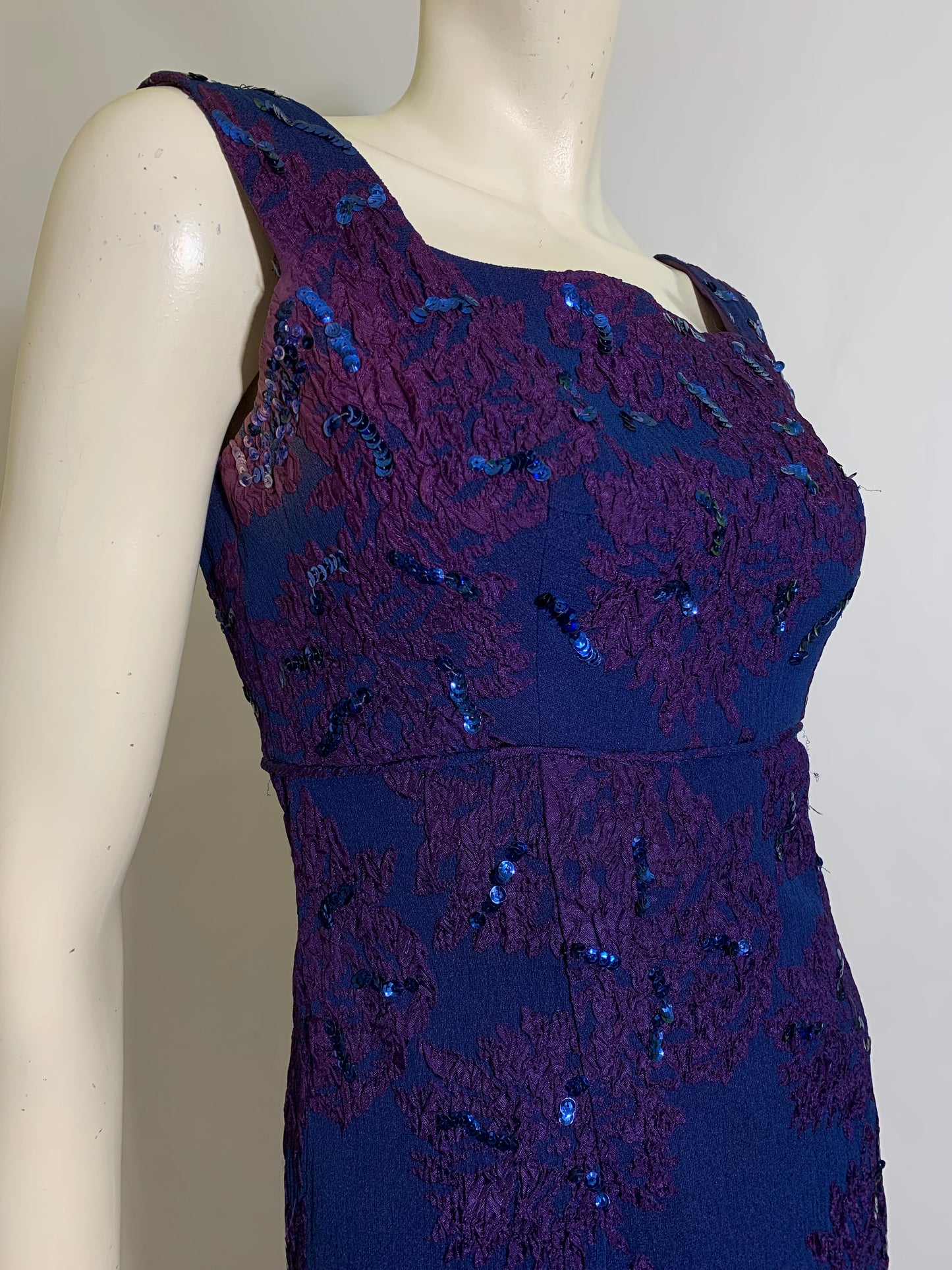 Sultry Sapphire Blue and Purple Sequined High Slit Evening Dress circa 1960s