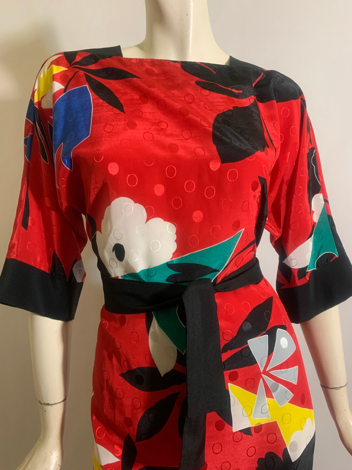 RESERVED Bold Floral Print Red Dress with Sash circa 1980s