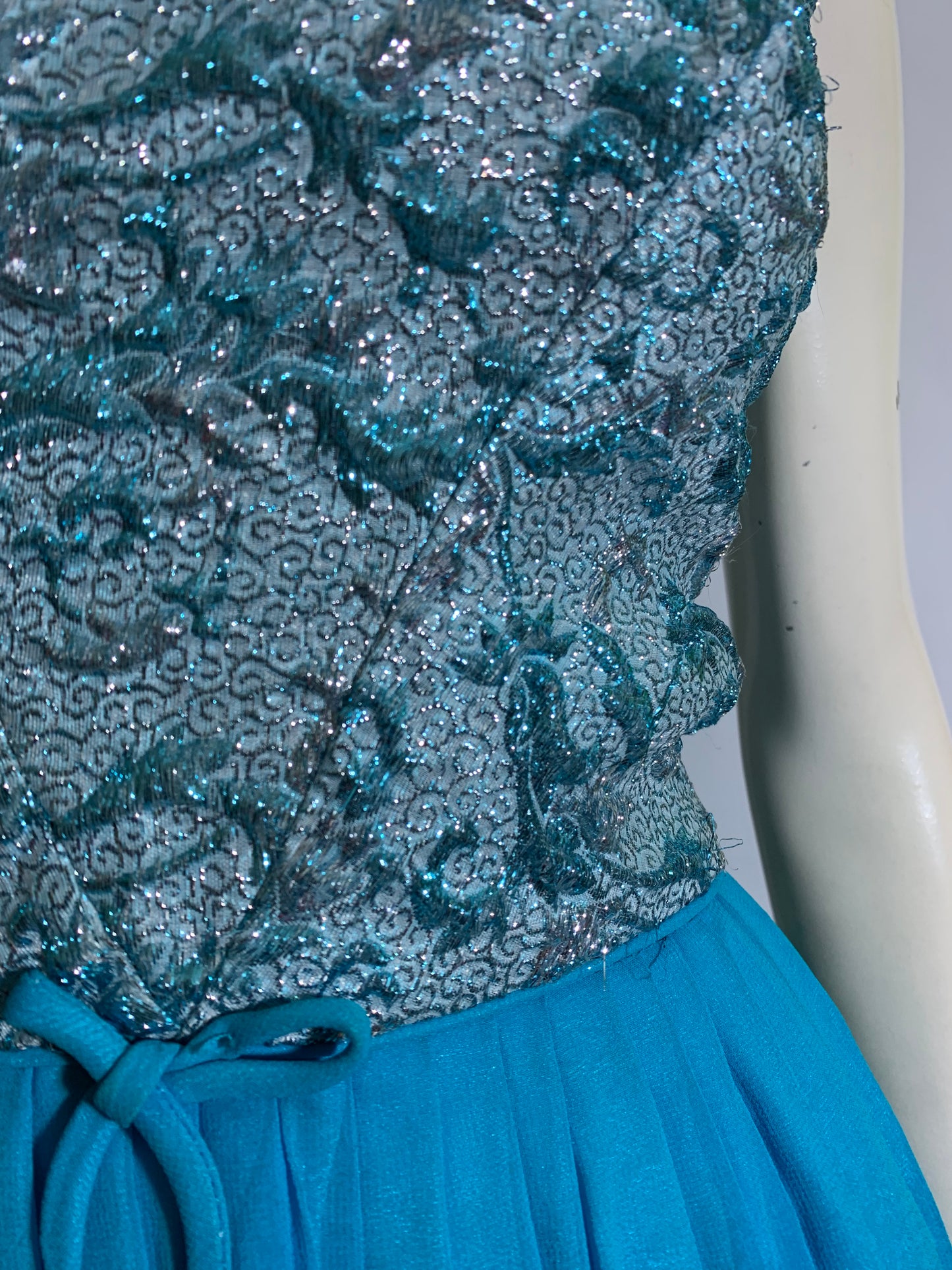 Girl Group Worthy Cyan Chiffon and Tinsel Lurex Cocktail Dress circa 1960s