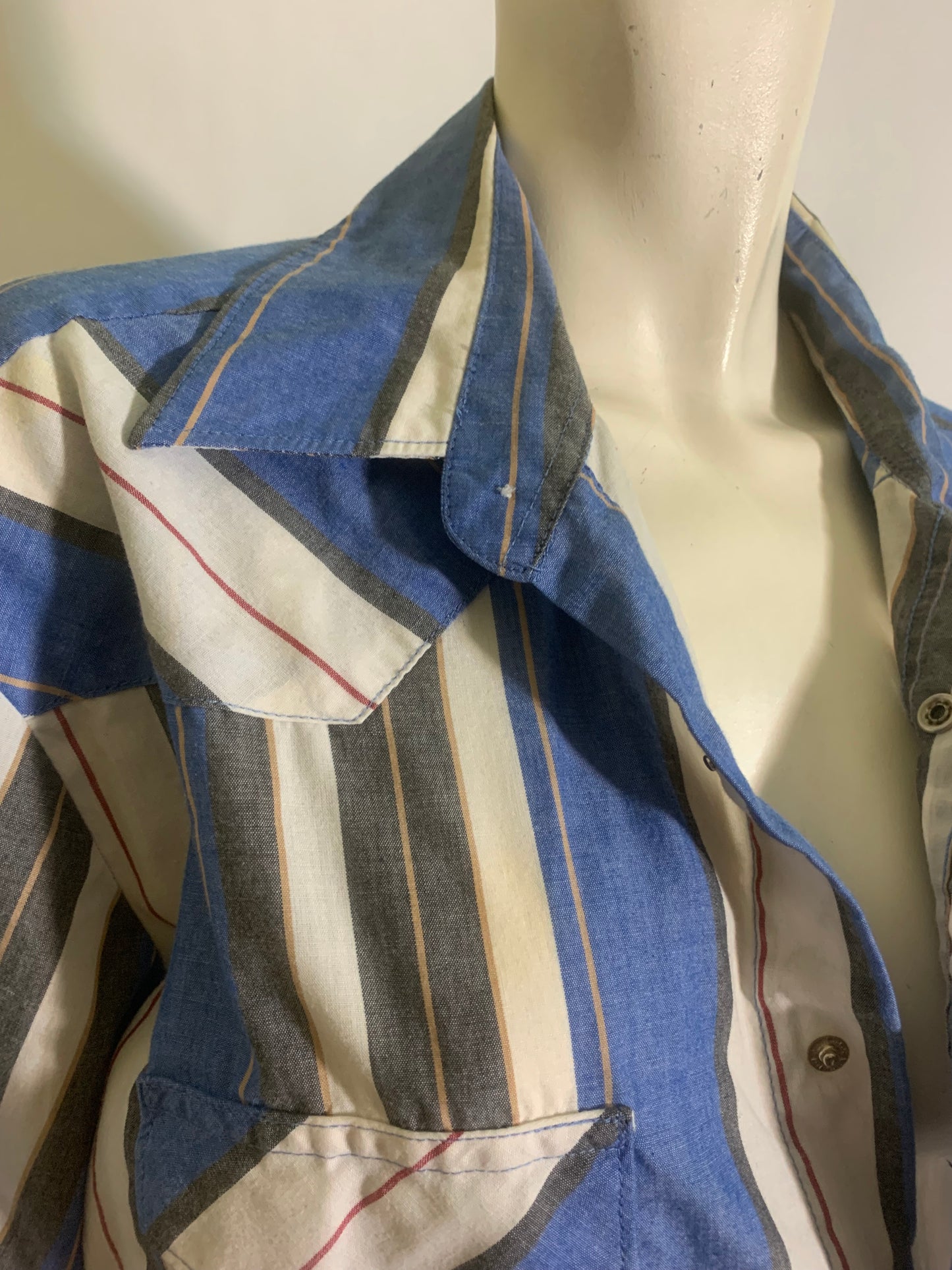 Wide Blue and White Striped Snap Front Men's Western Shirt circa 1980s XL
