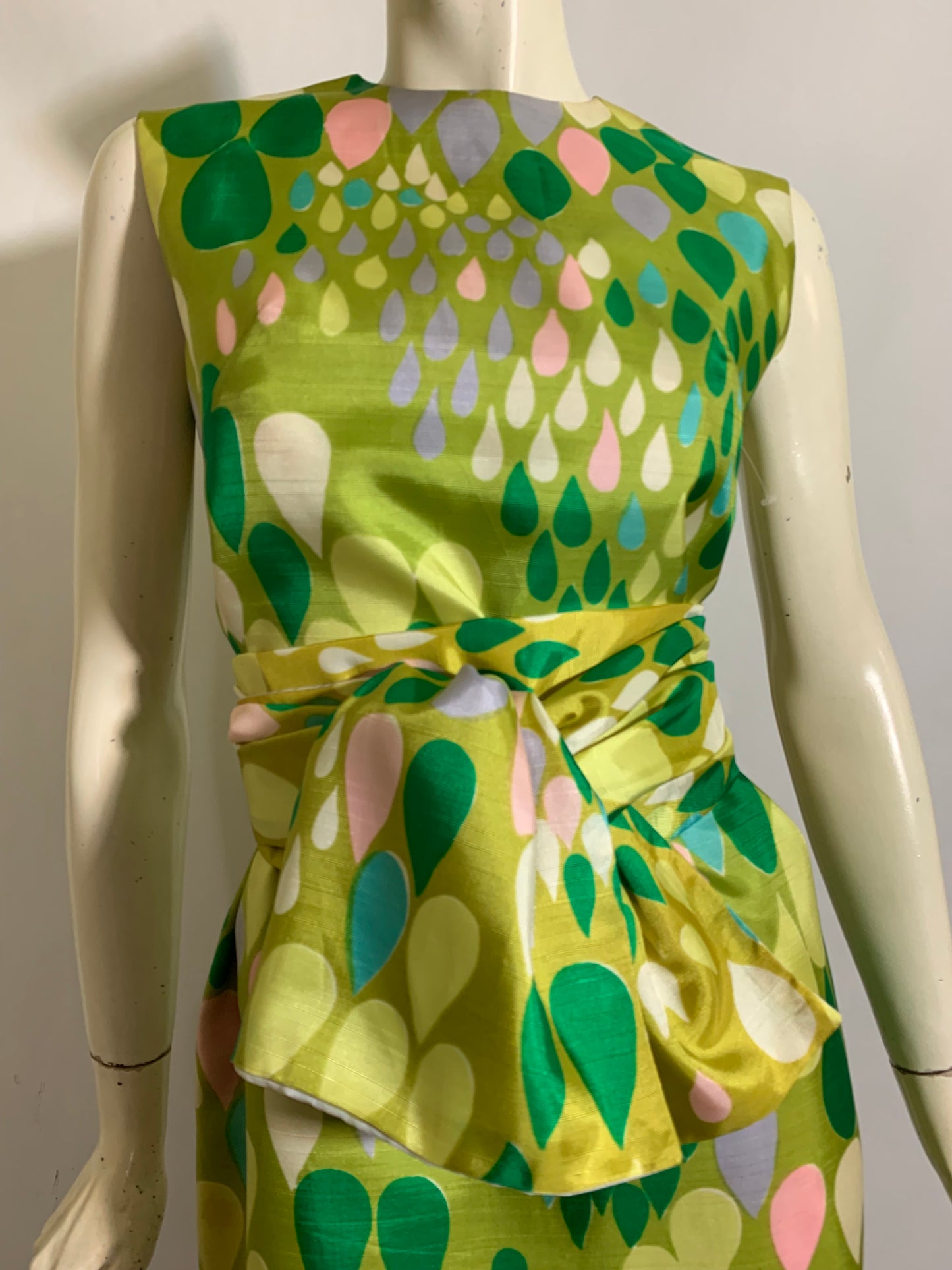 Pastel Raindrop Print Sheath Dress with Sash circa 1960s