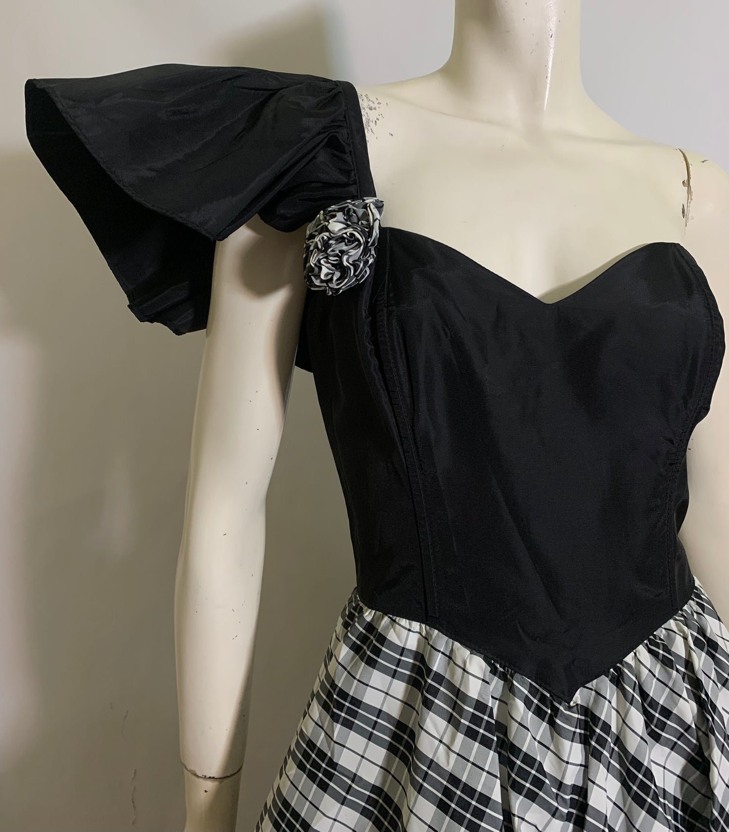 Black and White Taffeta One Shoulder Party Dress with Plaid Skirt circa 1980s Gunne Sax
