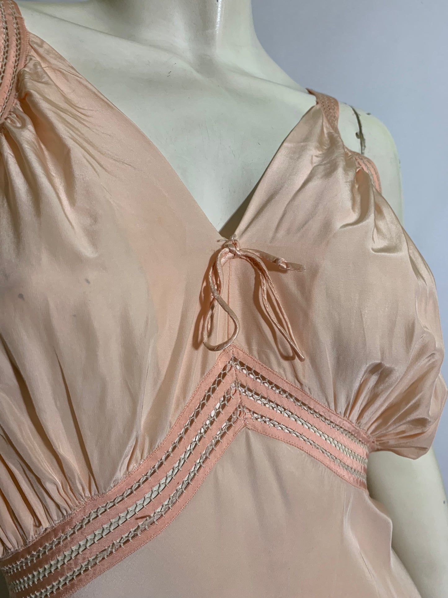 Peach Silk Bow Trimmed Bias Cut Nightgown circa 1930s