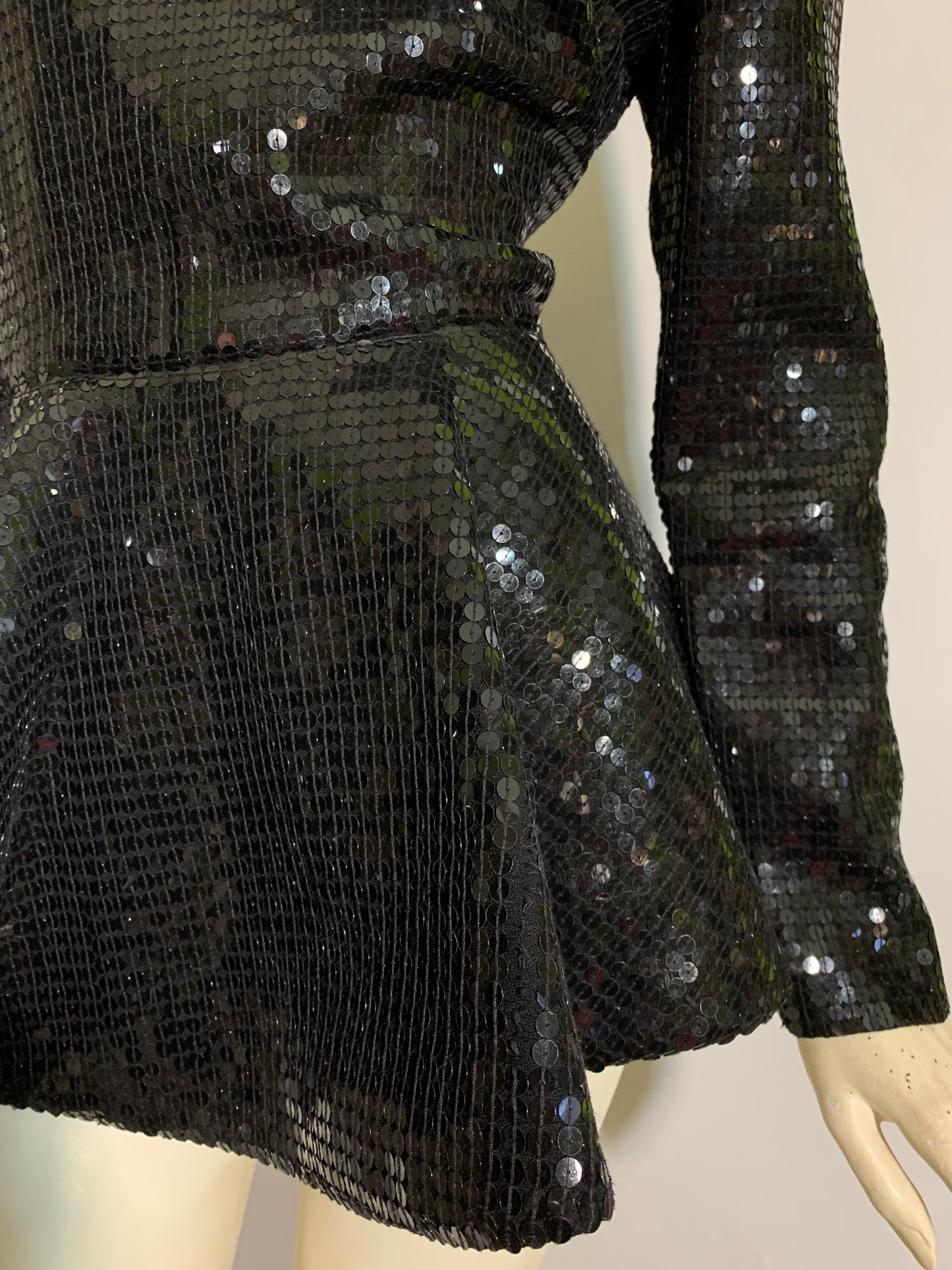 40s Inspired Black Sequined Peplum Blouse with Shoulder Pads circa 1980s