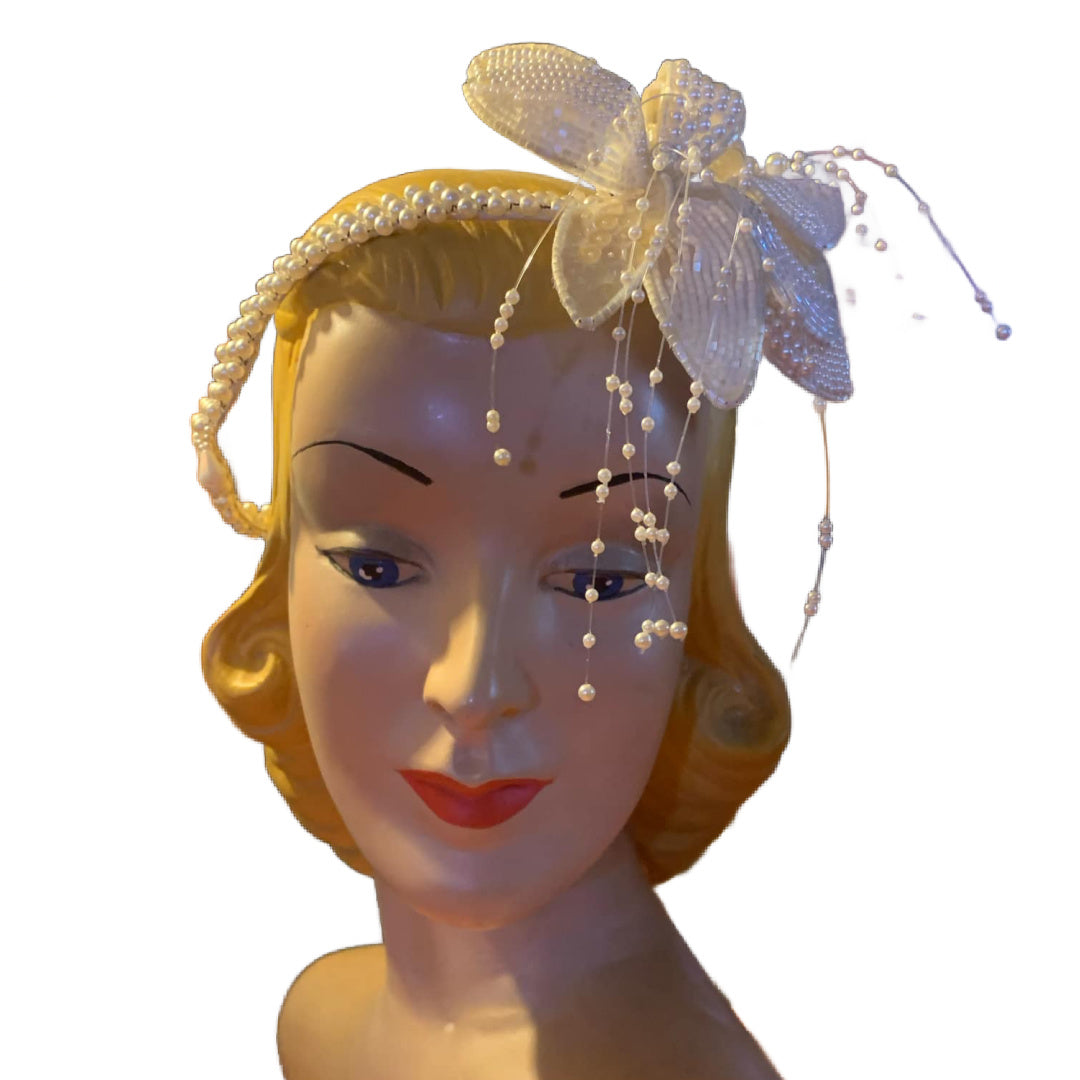 Beaded Lily Faux Pearl Bridal Headpiece circa 1980s
