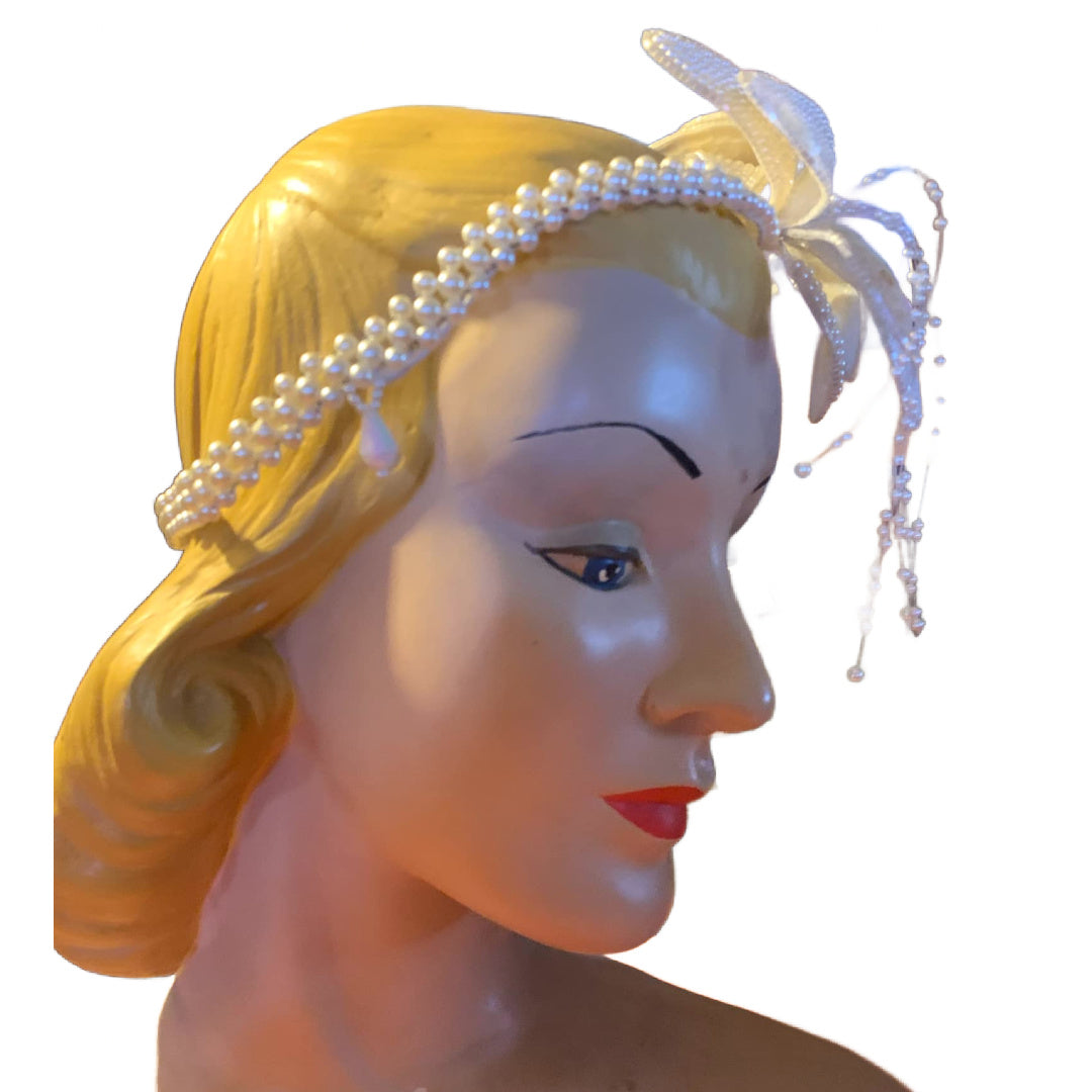 Beaded Lily Faux Pearl Bridal Headpiece circa 1980s