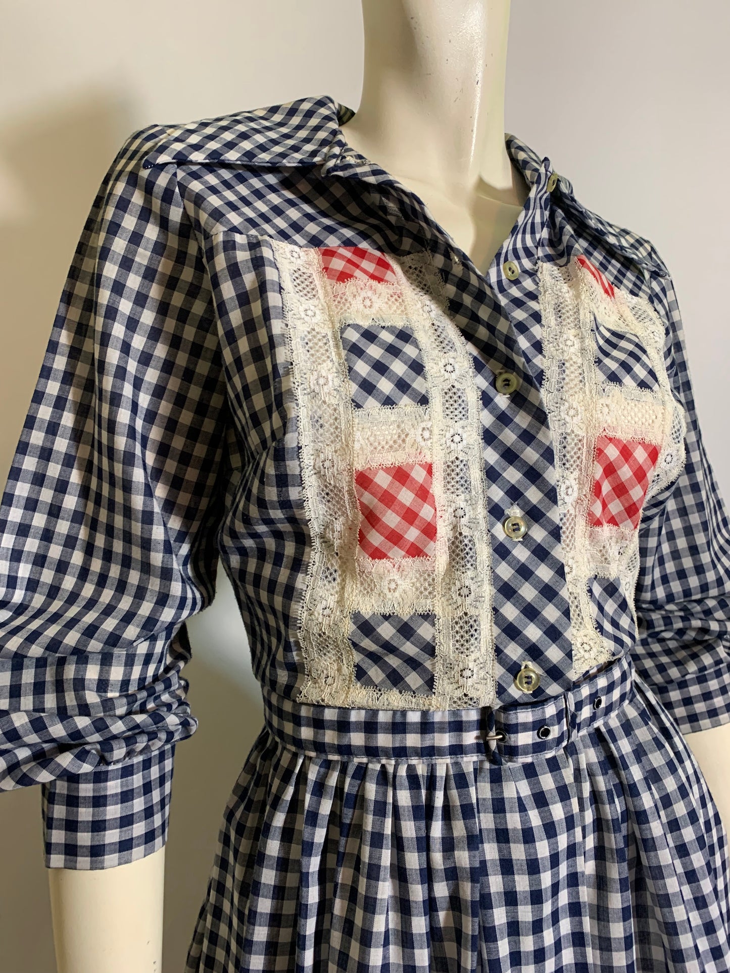 Blue and White Gingham Cotton Lace Trimmed Dress circa 1970s