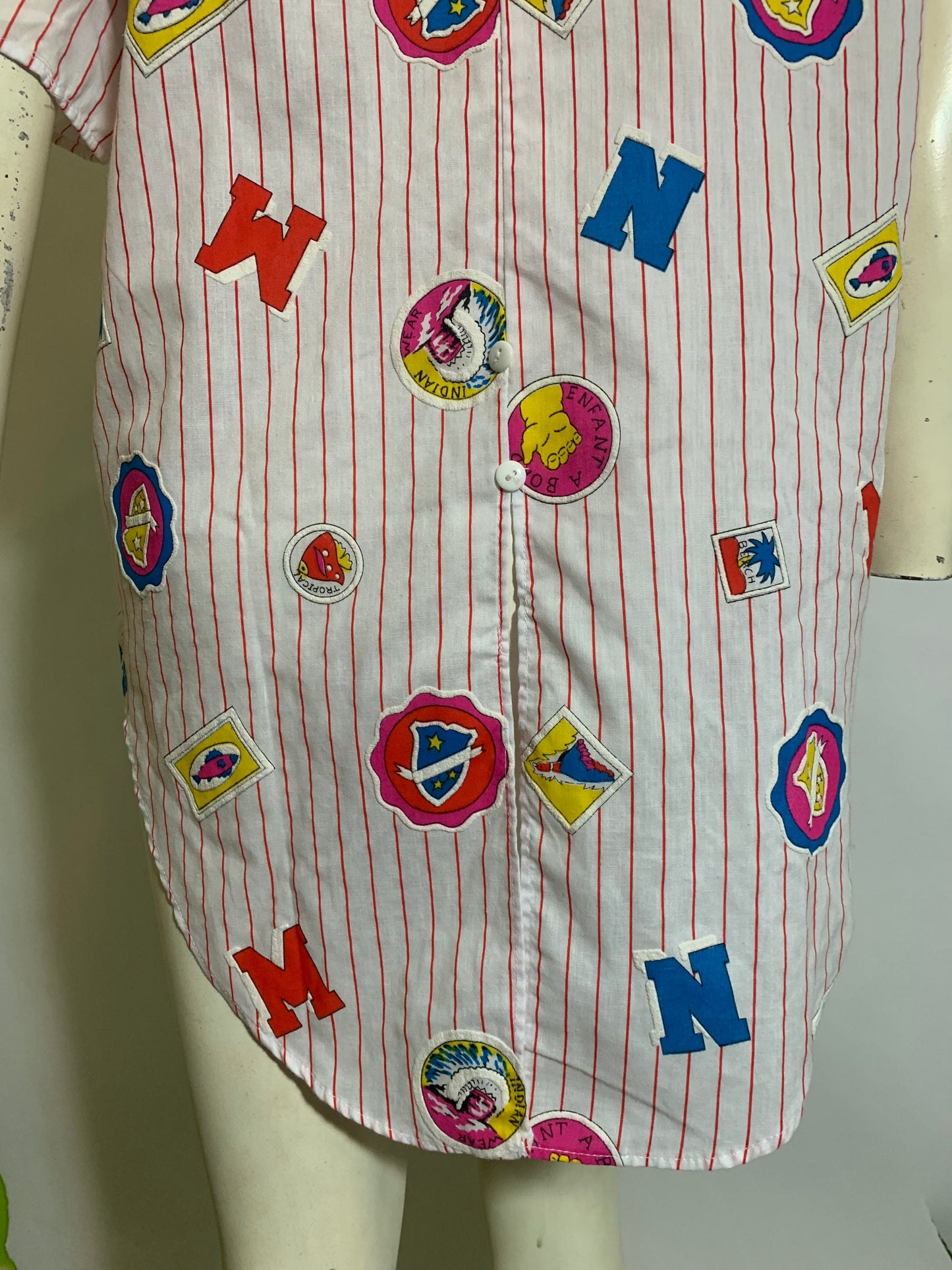 Kitschy Patch Print Striped Cotton Blouse circa 1980s