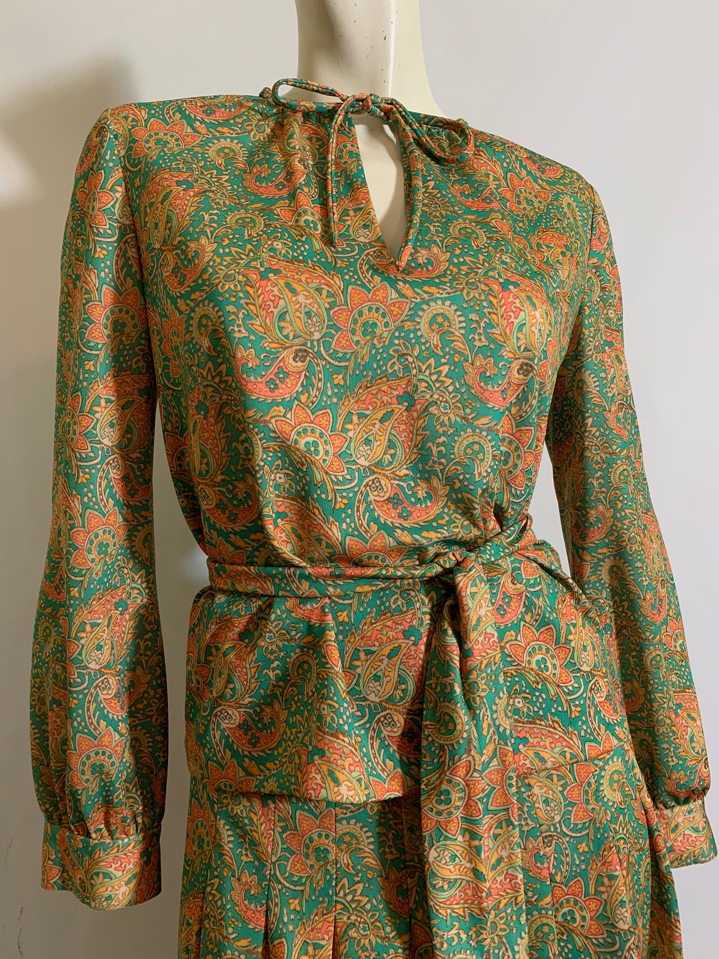 Jade Green and Tangerine Paisley 2 pc Dress circa 1970s