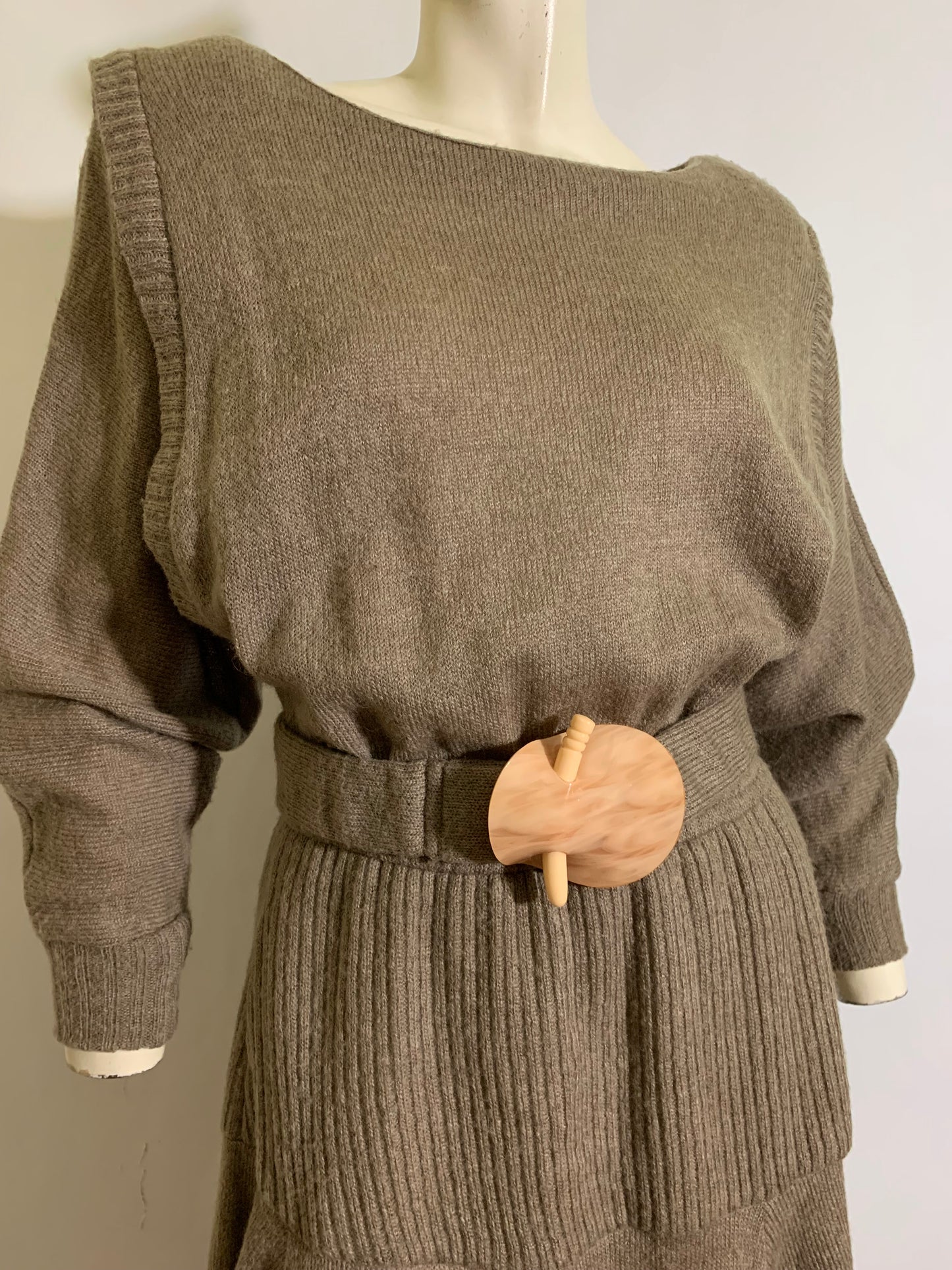 Heathered Oatmeal Knit Wool Sweater Dress circa 1980s
