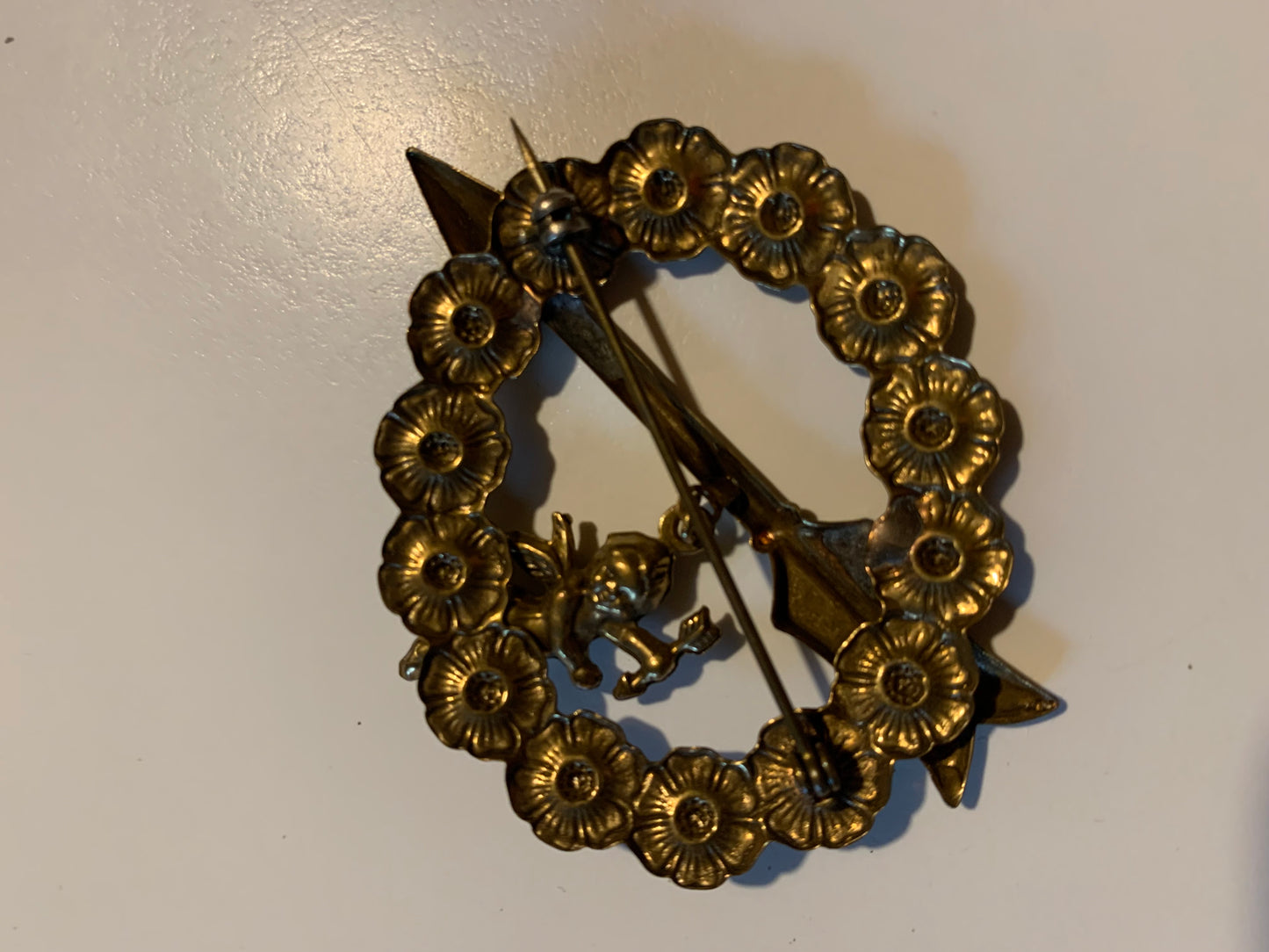 Sweetheart Flower Wreath and Arrow Brooch with Cherub Charm circa 1940s