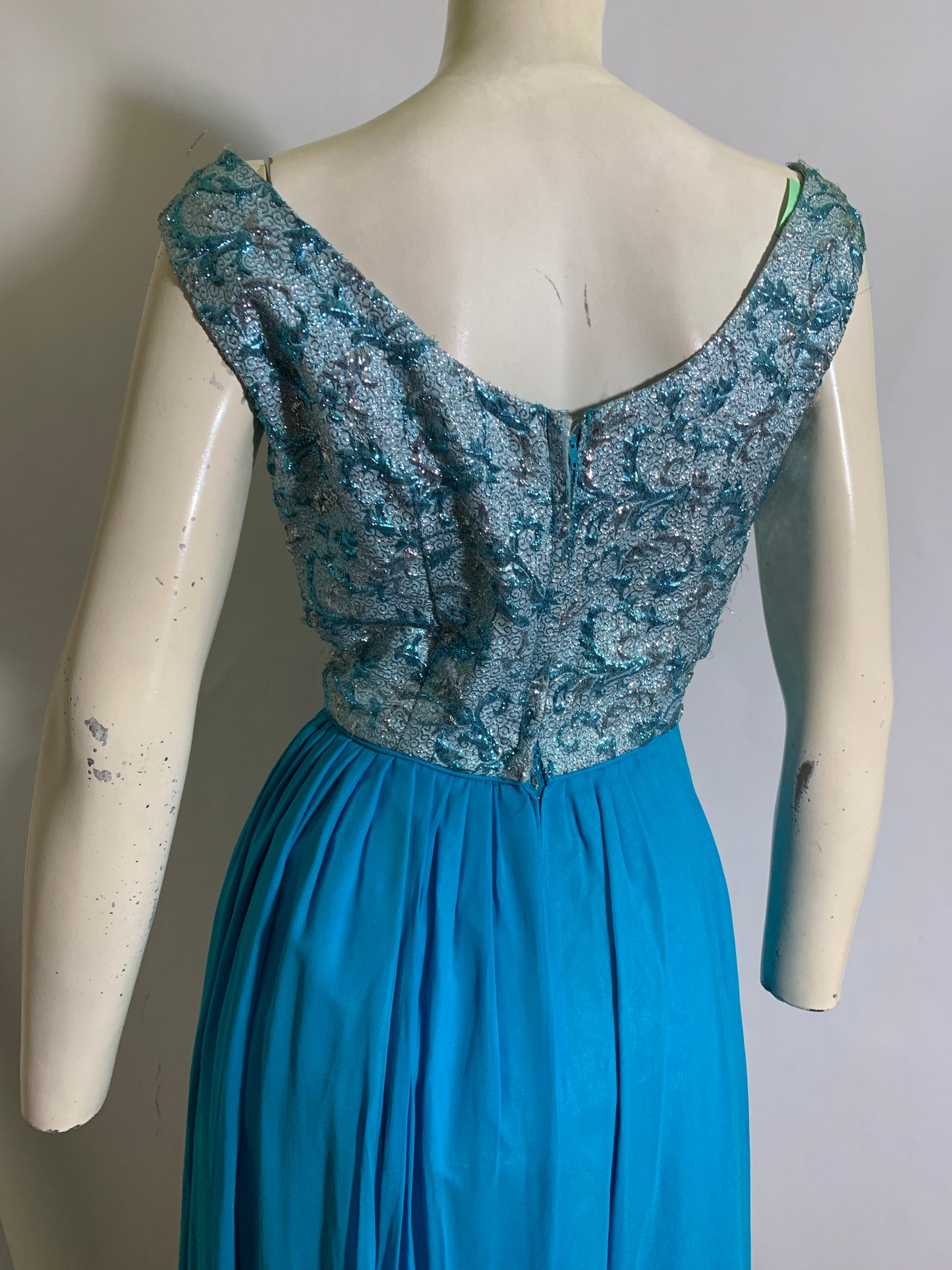 Girl Group Worthy Cyan Chiffon and Tinsel Lurex Cocktail Dress circa 1960s