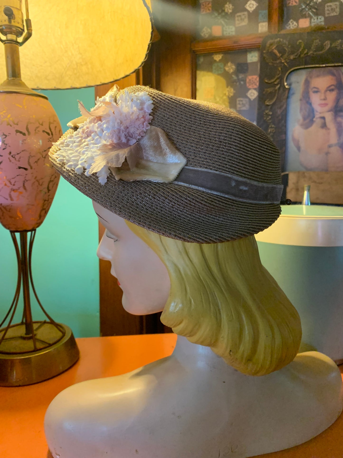 Mocha and Pink Sisal Hat with Velvet Leaves circa 1940s