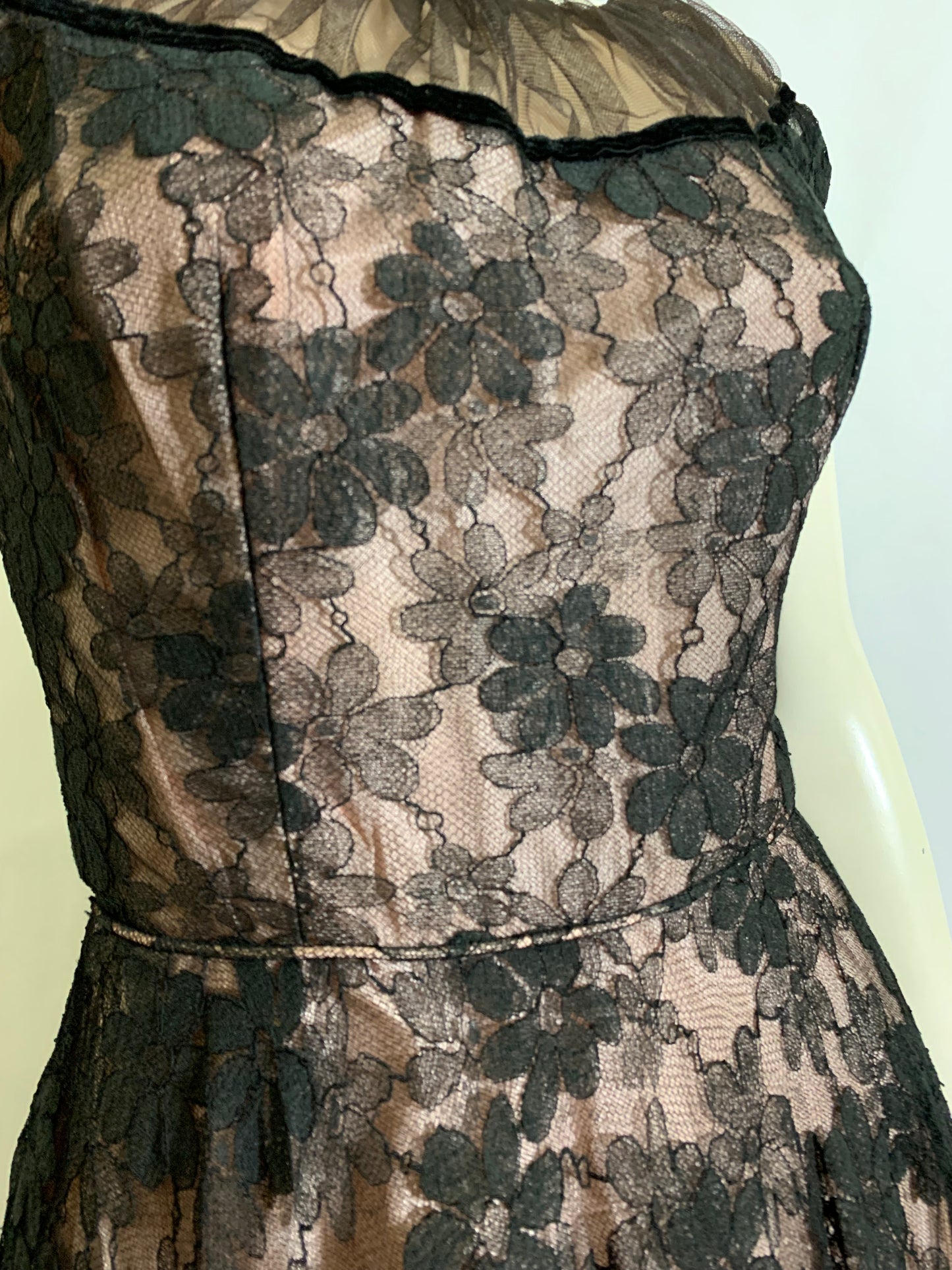 Lingerie Inspired Black and Pink Chiffon Lace Party Dress by Emma Domb circa 1950s