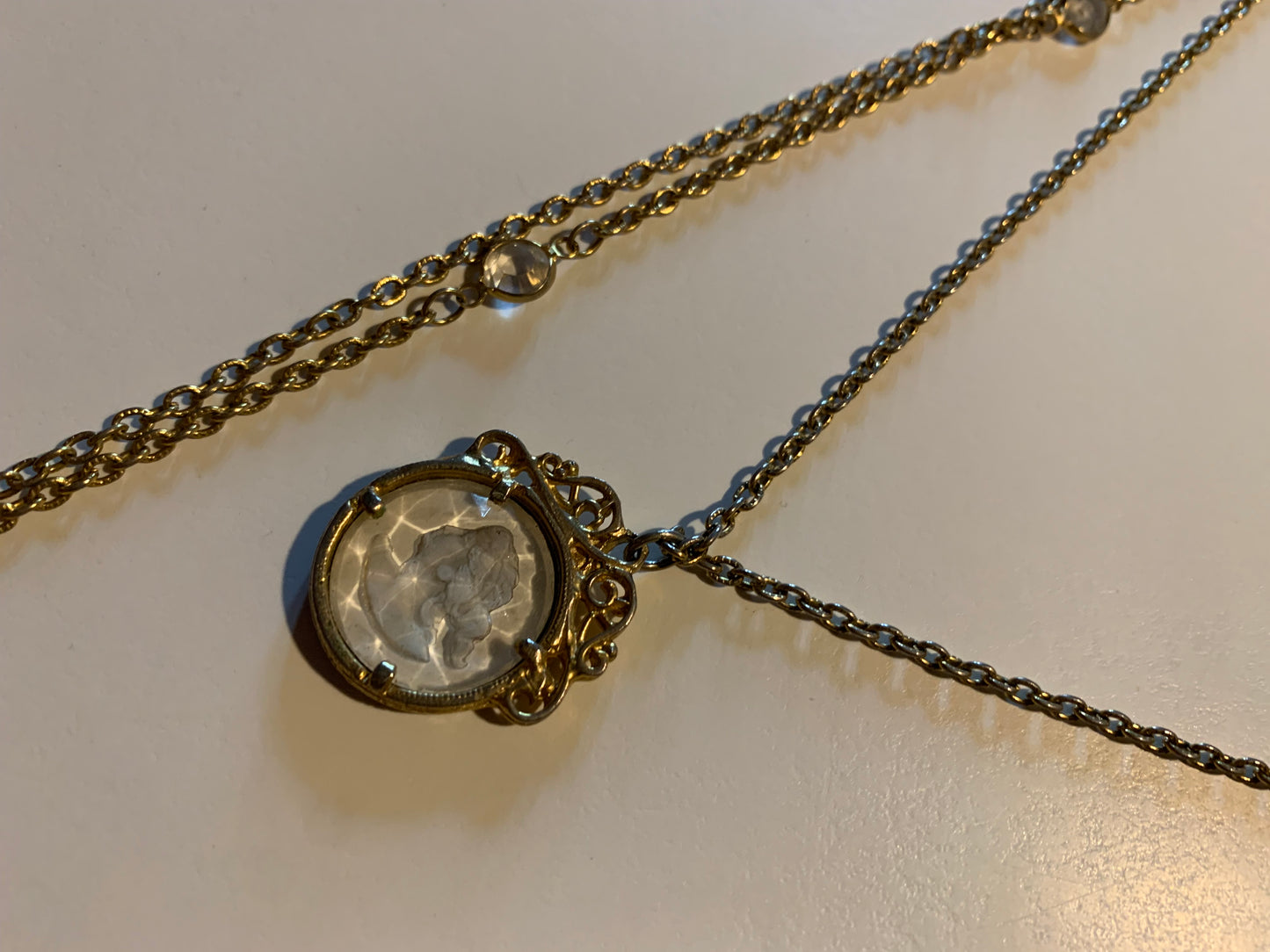 Victorian Revival Triple Chain Necklace with Crystals and Woman's Face Pendant circa 1950s