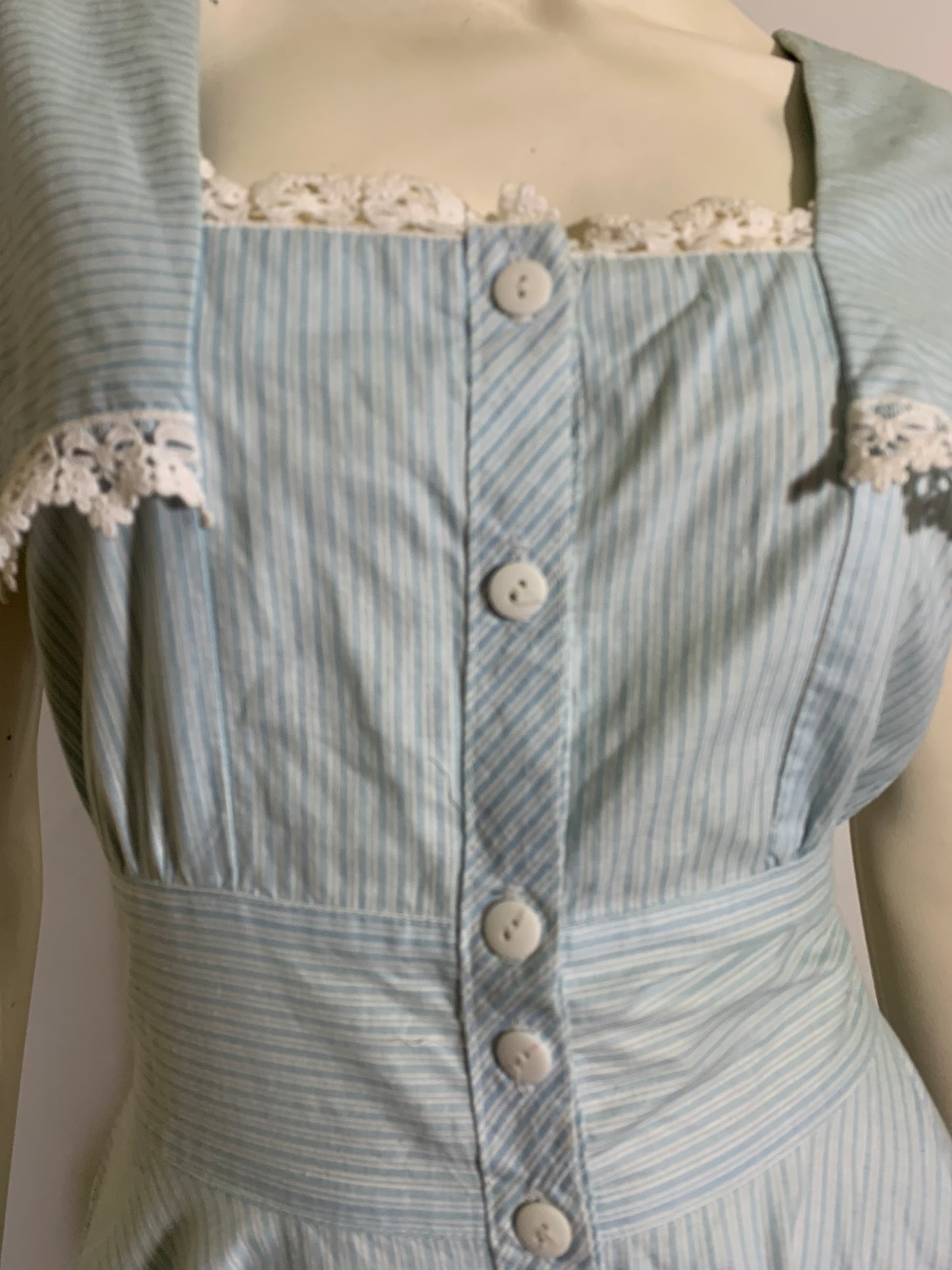 Ticking Striped Baby Blue Cotton Dress with Lace Trim circa 1980s Gunne Sax
