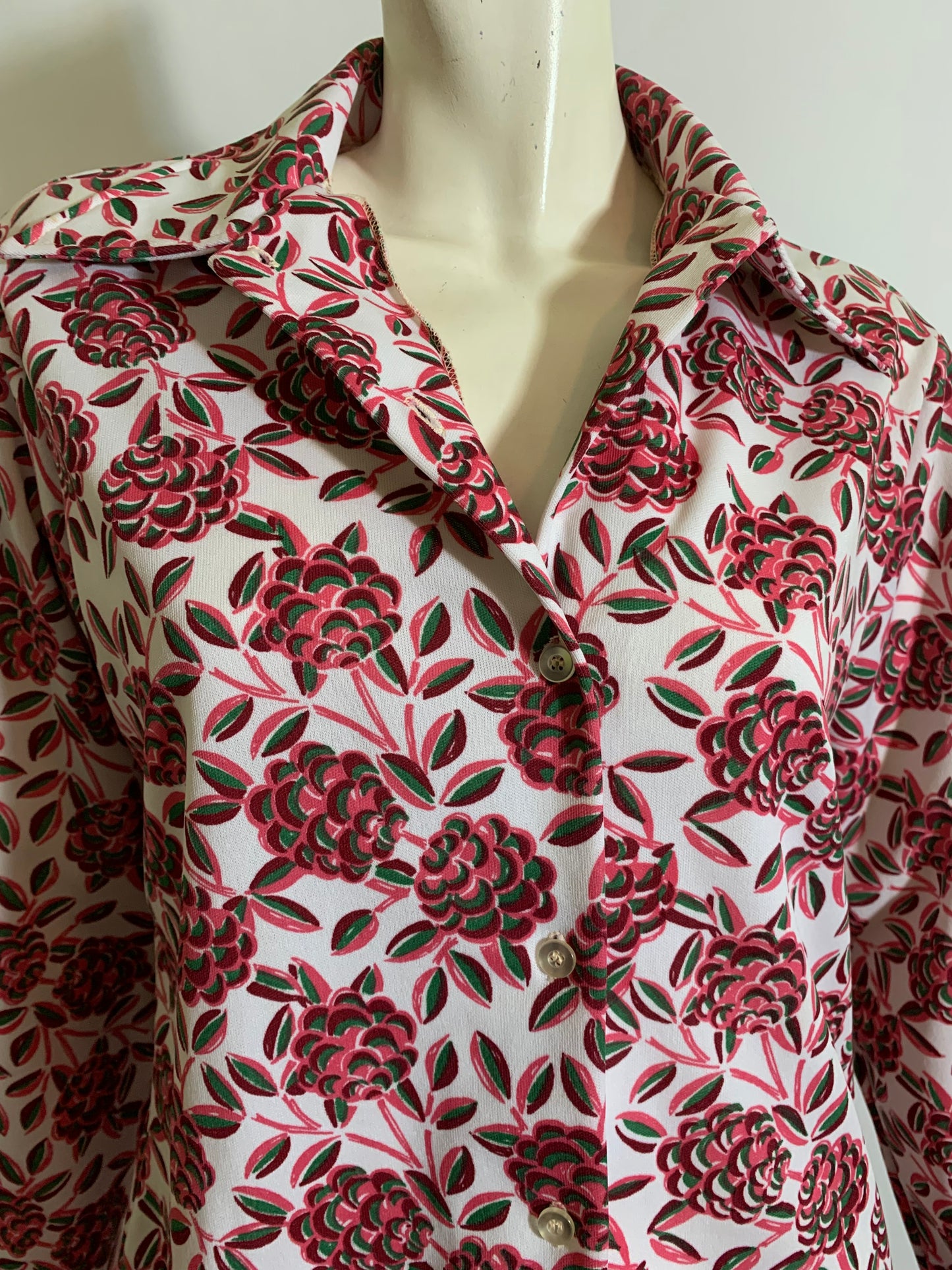 Pink & Green Floral Print Poly Blouse circa 1970s