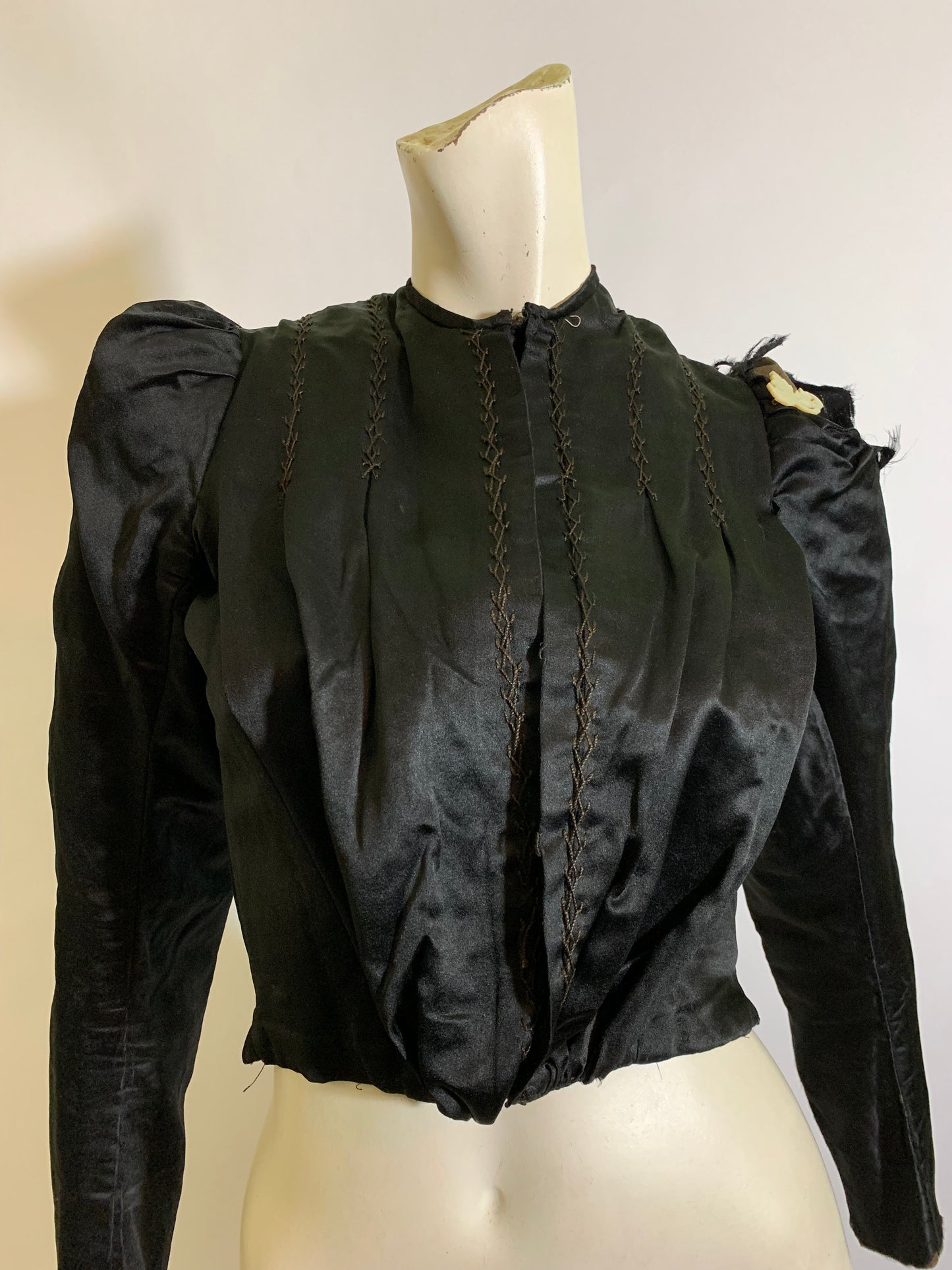 Black Silk Hook Front Puff Shoulder Bodice circa 1890s