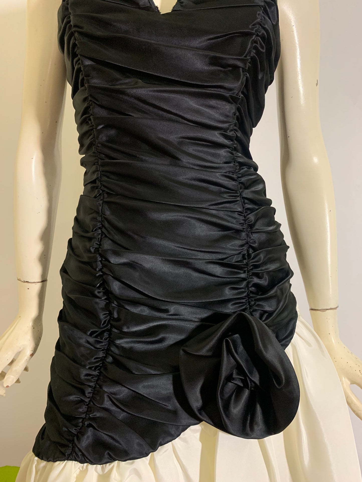 Strapless Ruched Bodice Party Dress with Lace Trimmed Asymmetrical Skirt circa 1980s