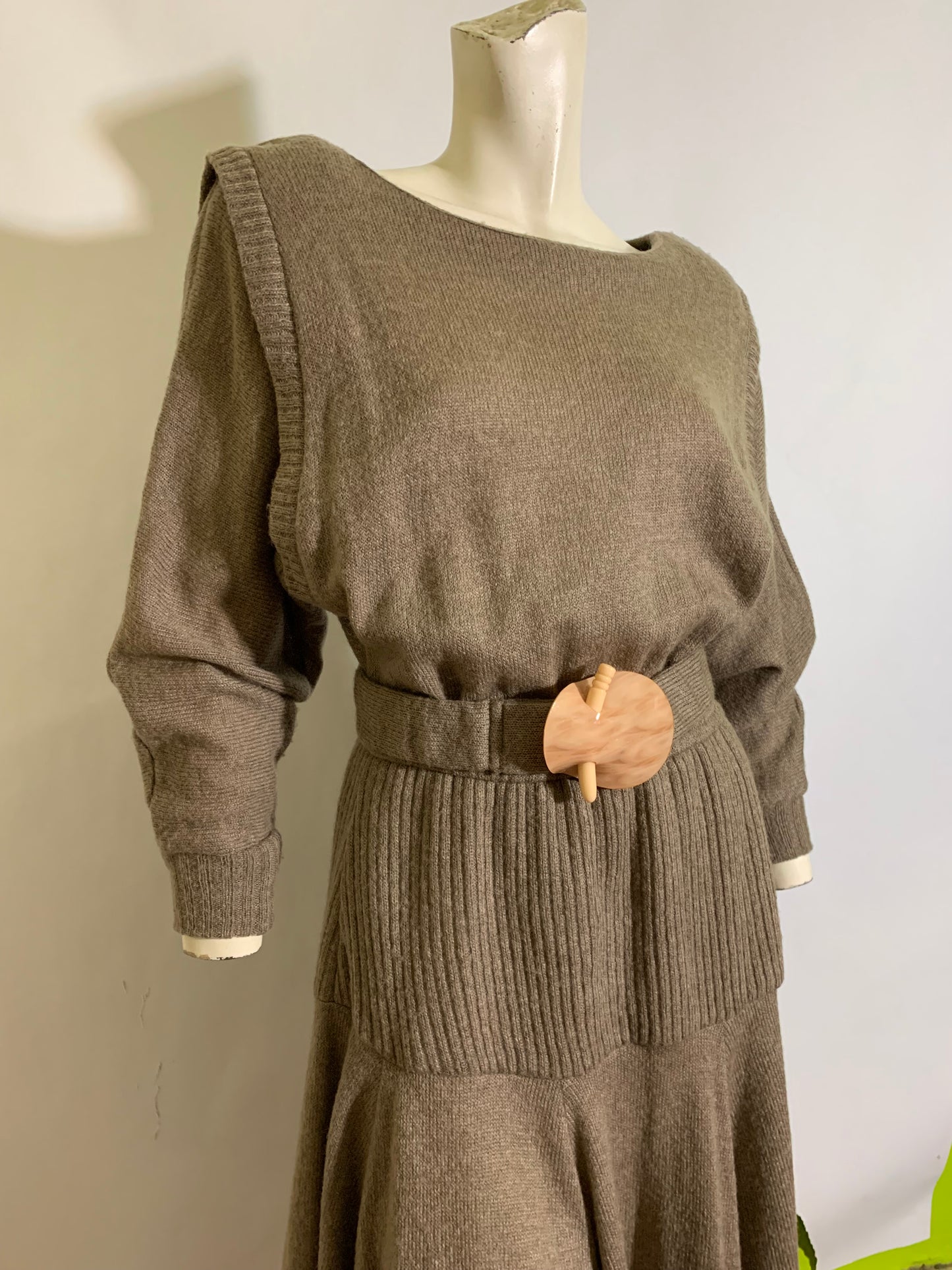 Heathered Oatmeal Knit Wool Sweater Dress circa 1980s