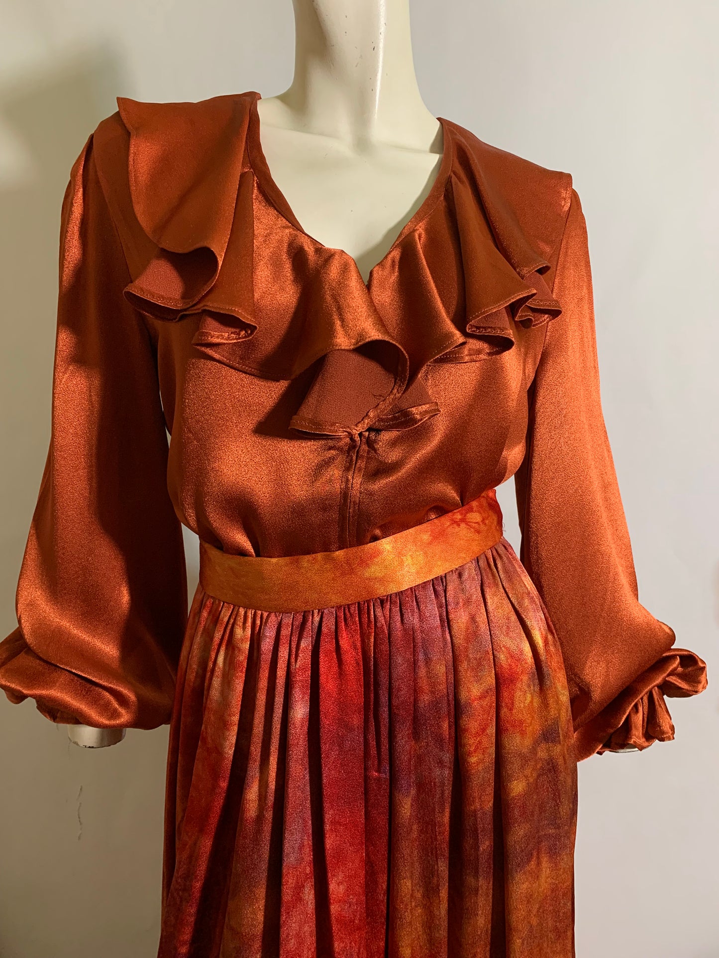 Fiery Tie Dye Peasant Style Silk Charmeuse 3 Piece Maxi Dress Set circa 1970s