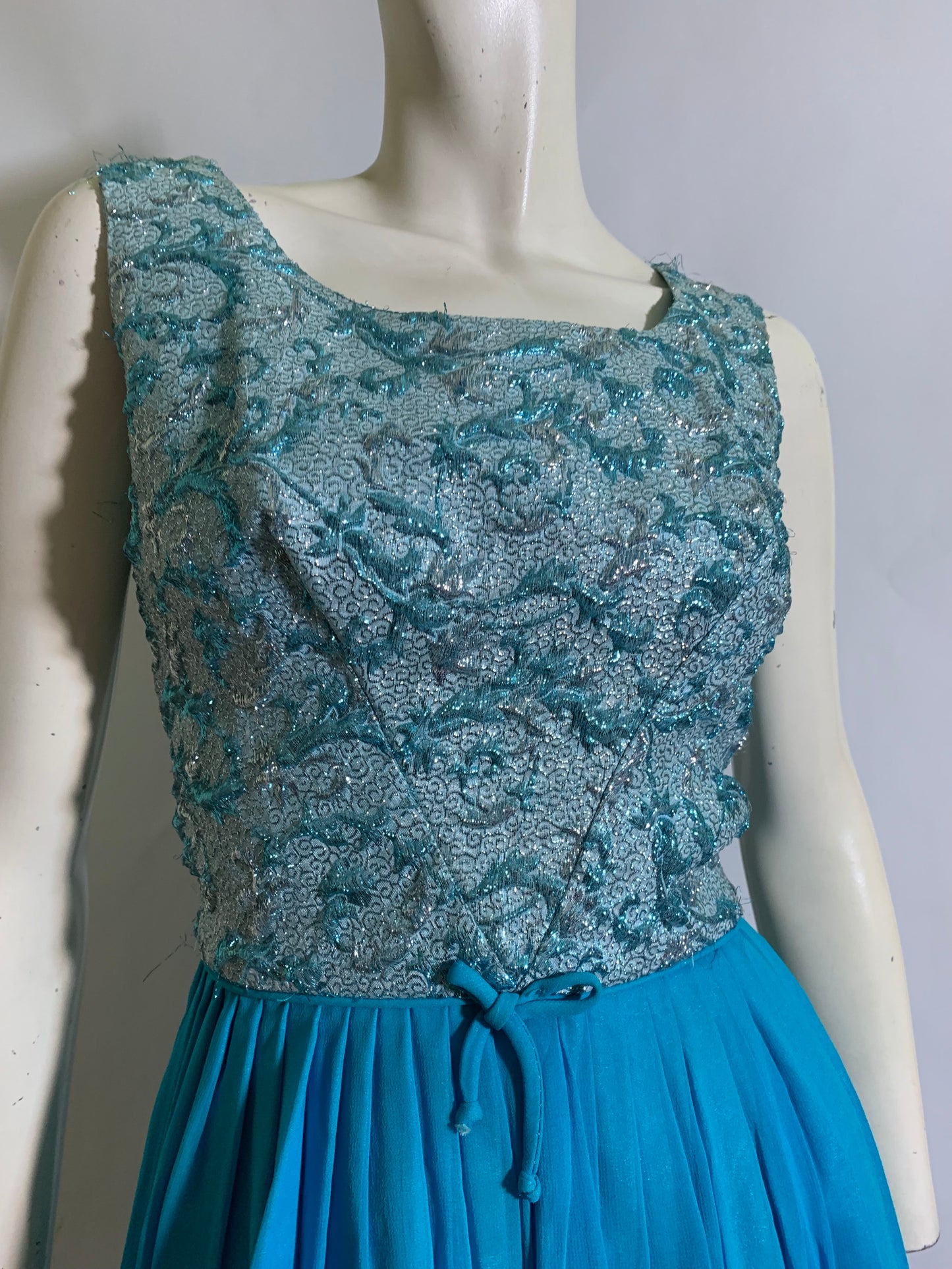 Girl Group Worthy Cyan Chiffon and Tinsel Lurex Cocktail Dress circa 1960s