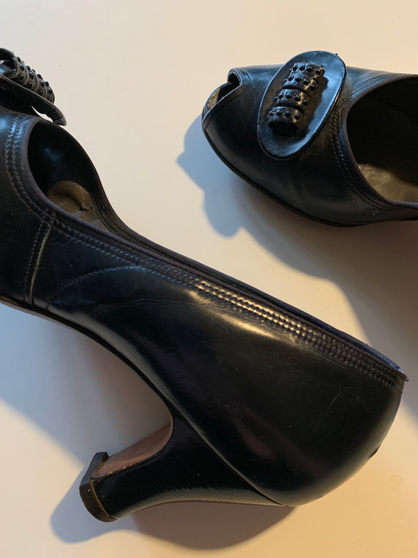 Navy Blue Leather Peep Toe High Heel Shoes with Studded Accent circa 1940s 8 avg