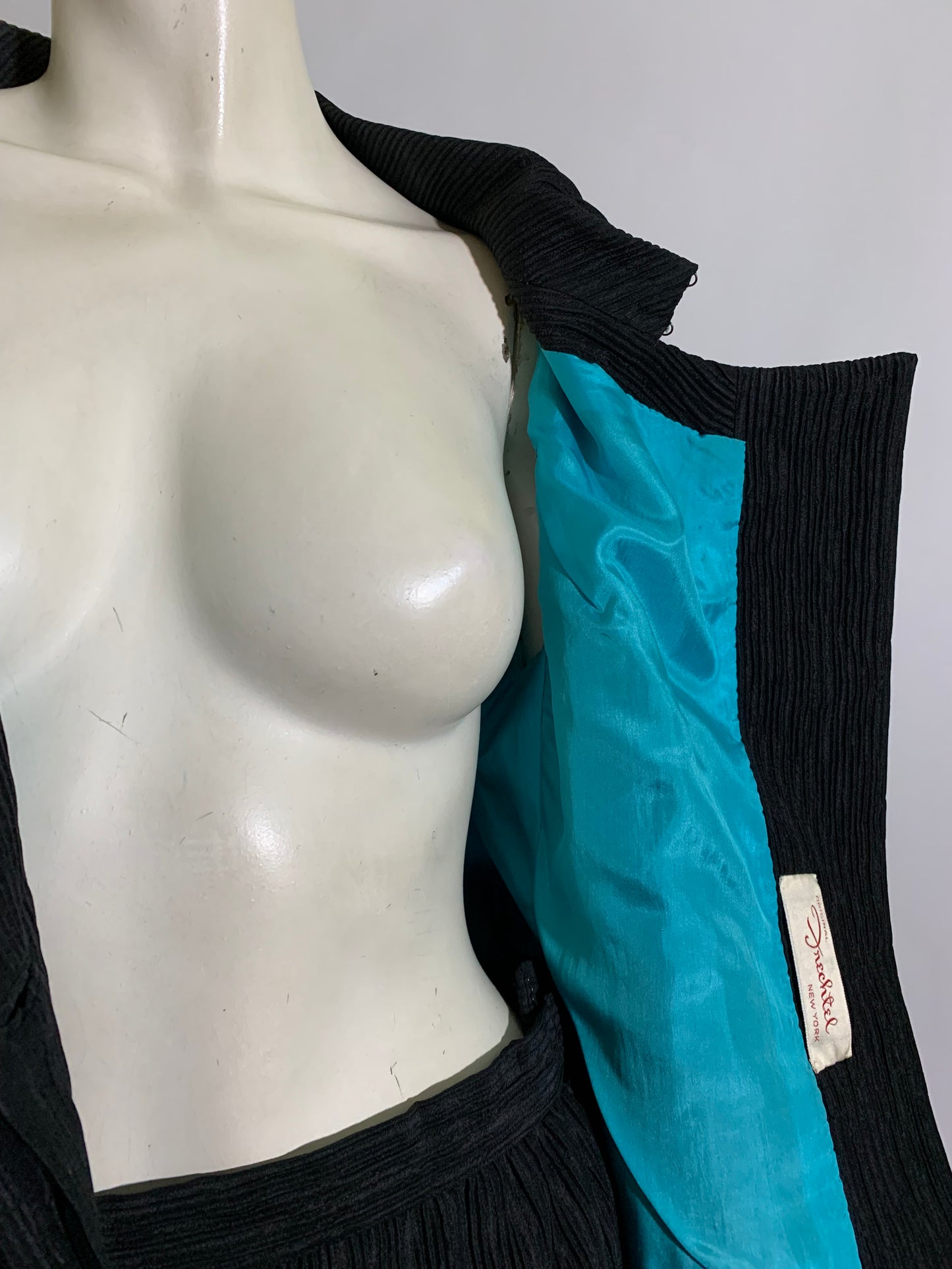 Elegant and Chic Black Textured Silk Cropped Jacket Suit with Flower circa 1960s