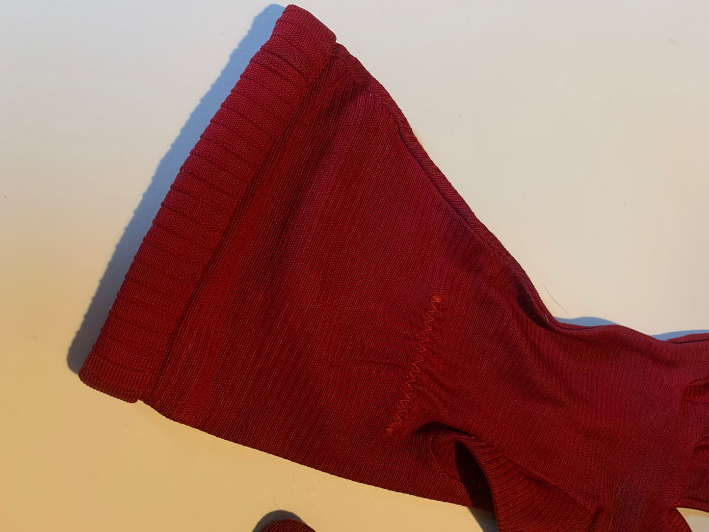 Deep Red Ribbed Nylon Gloves circa 1940s