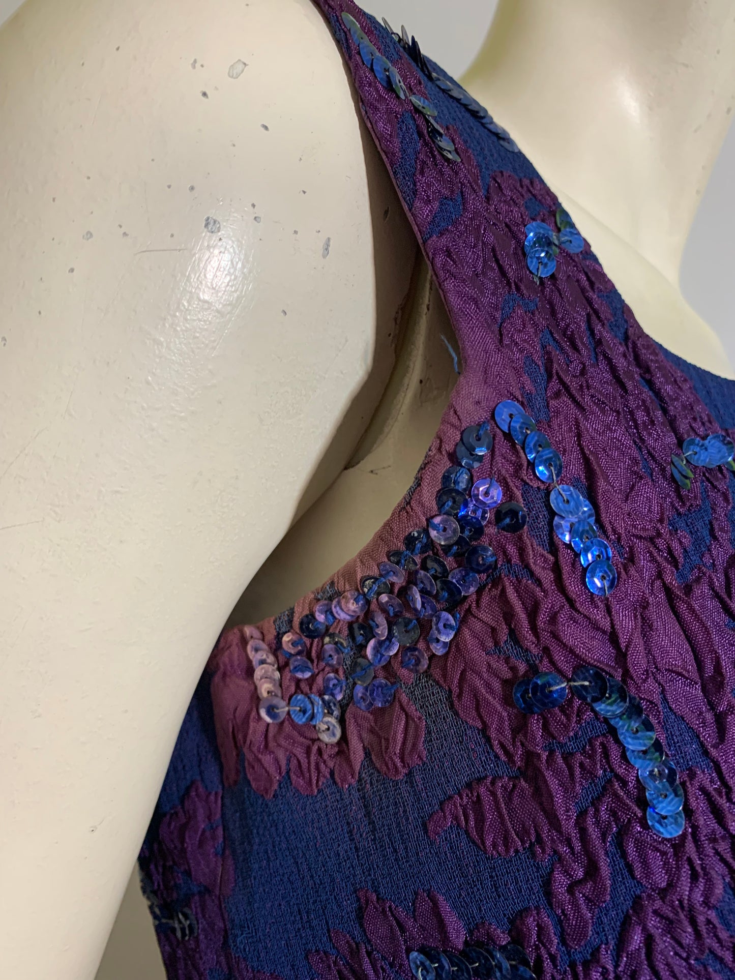 Sultry Sapphire Blue and Purple Sequined High Slit Evening Dress circa 1960s