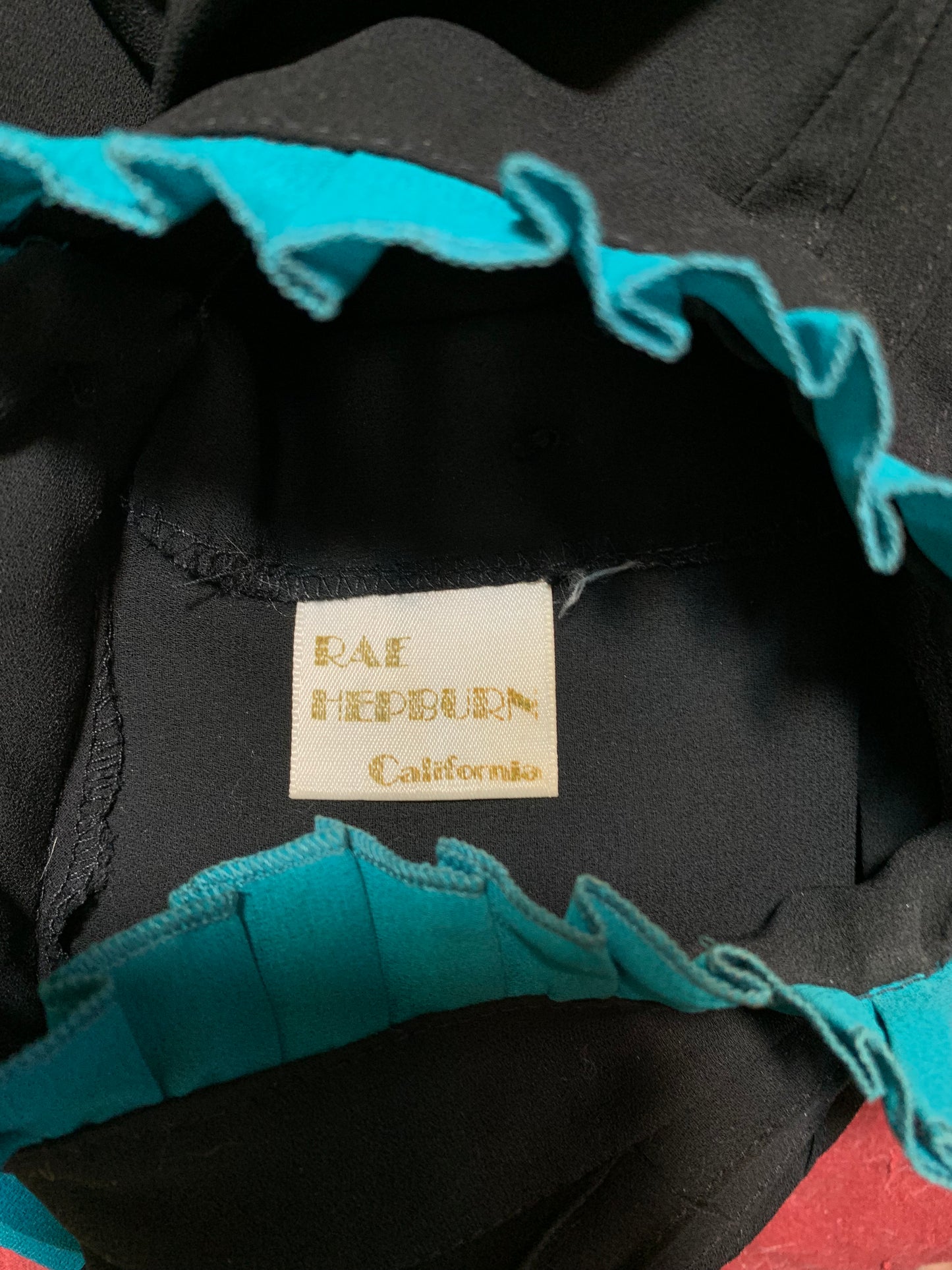 New Wave Sharp Pleated Black and Turquoise Blouse circa 1980s