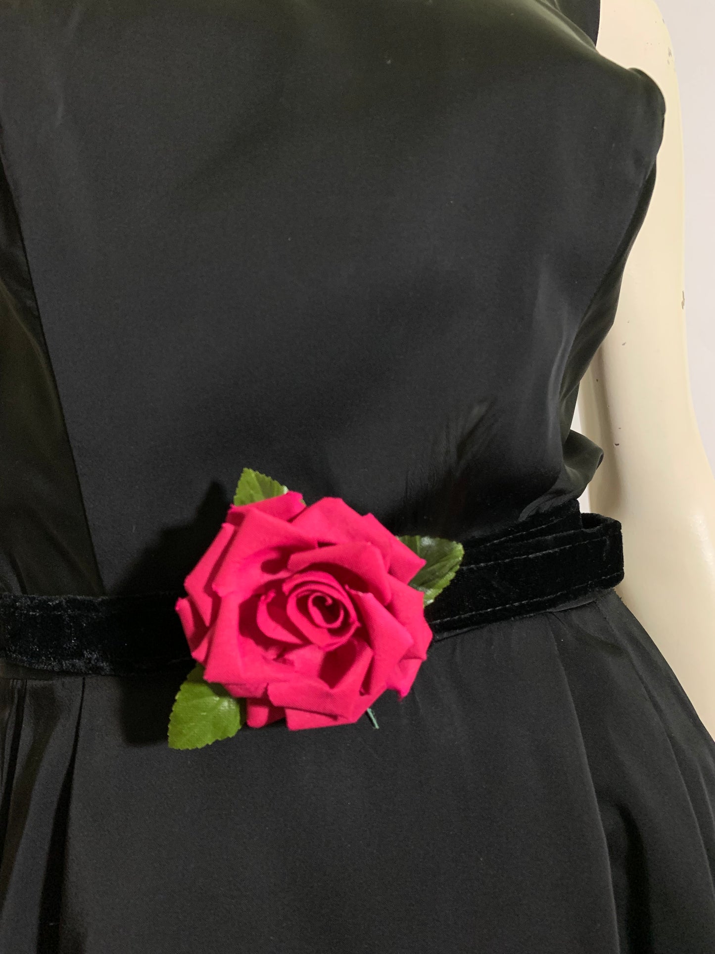 A Very Doris Day Classic Little Black Dress with Rose on Velvet Belt circa 1960s