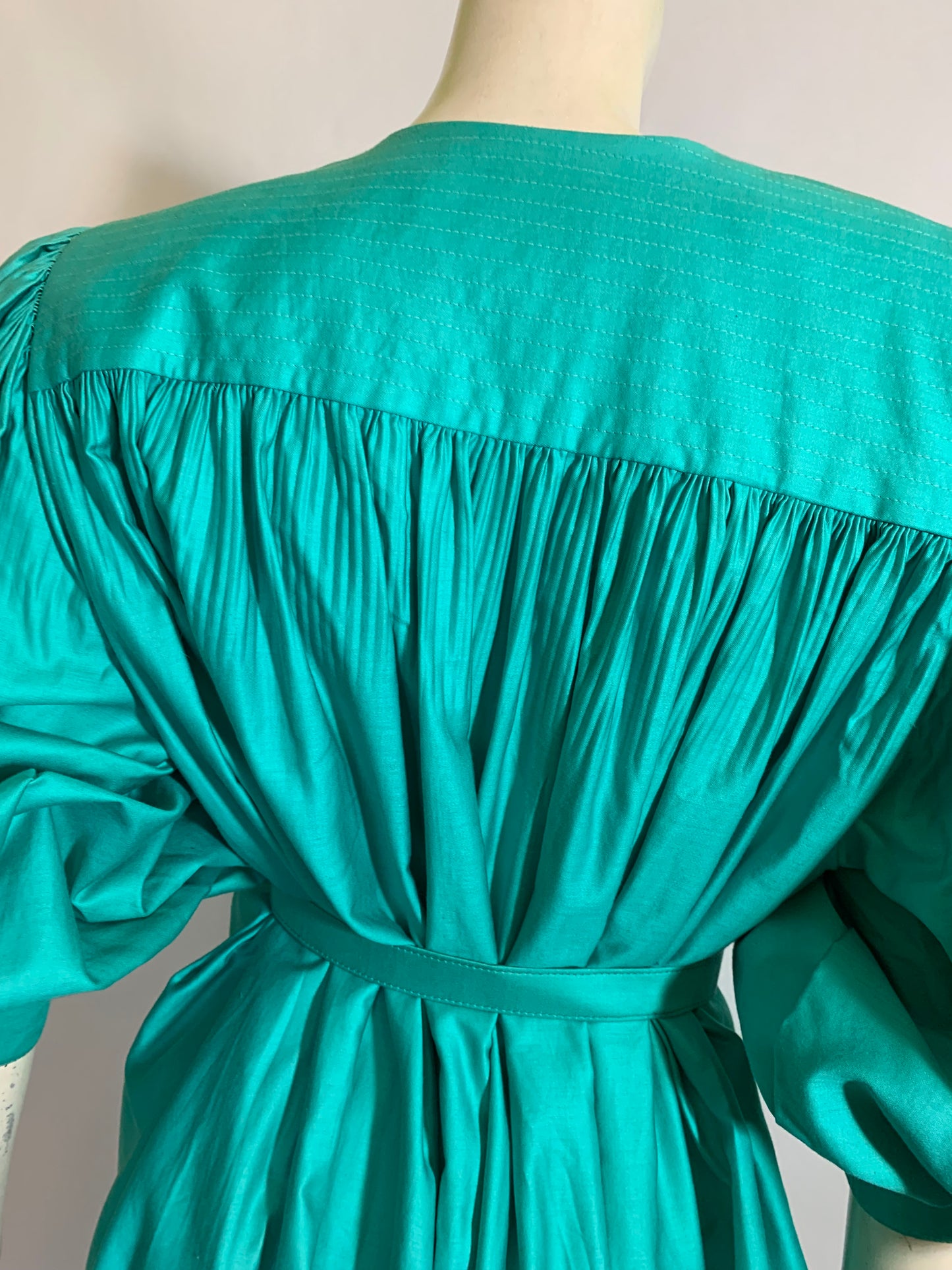 Bright Teal Cotton Belted Tent Dress with Voluminous Puff Sleeves circa 1980s