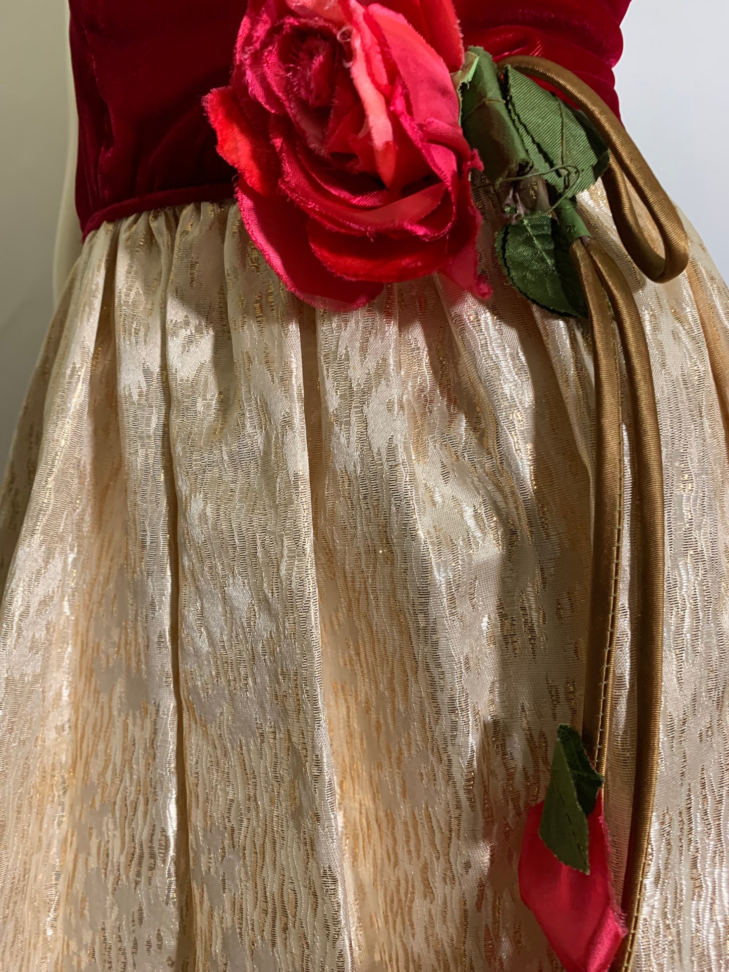 Red Velvet Bodice Dress with Metallic Gold Skirt Pink Rose Accent circa 1960s