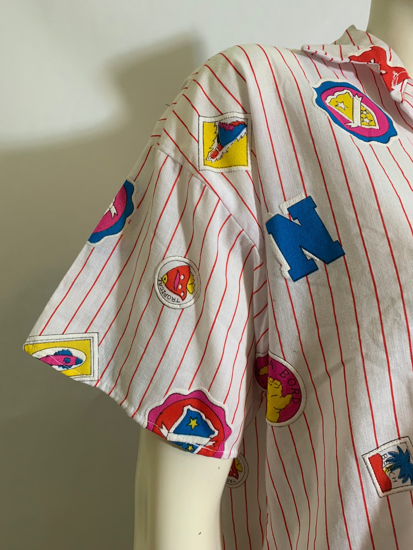 Kitschy Patch Print Striped Cotton Blouse circa 1980s