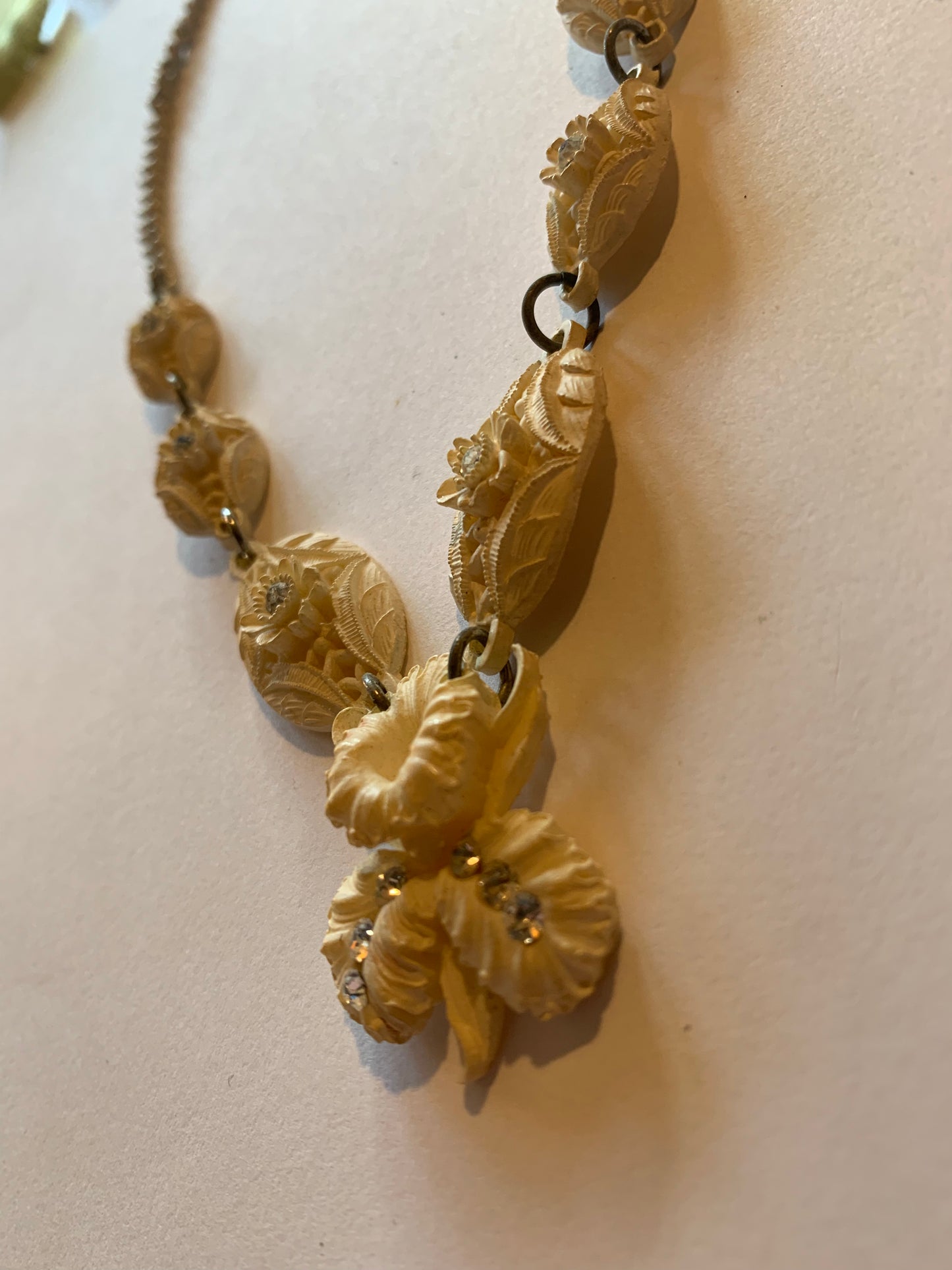 Creamy White Celluloid Orchid Pendant Necklace with Rhinestones circa 1930s