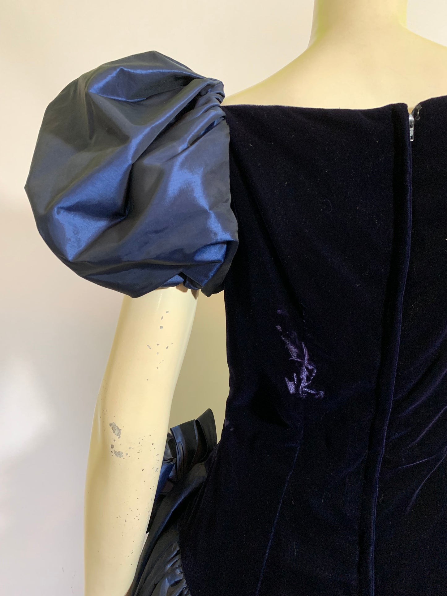 Deep Blue Changeable Taffeta and Velvet Puff Sleeve Dress circa 1980s