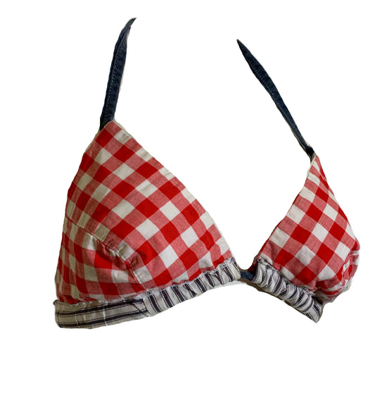 Ticking Striped Bikini Top with Red Gingham Reverse circa 1970s