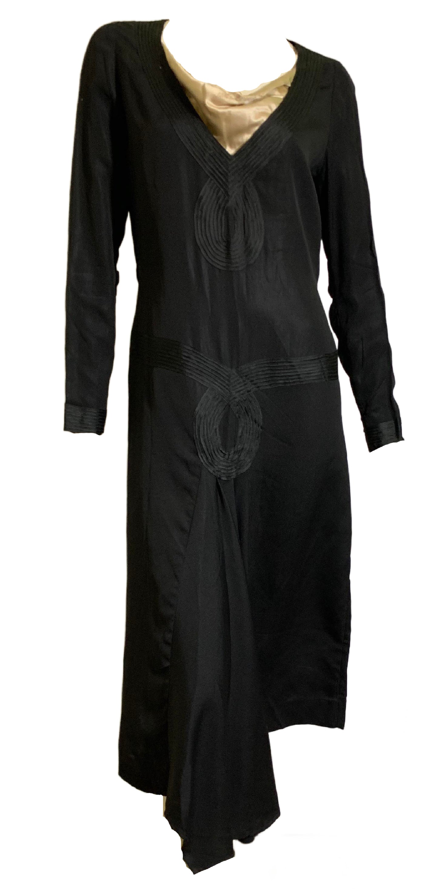 Jet Black Soutache Trimmed Dropped Waist Silk Dress circa 1920s
