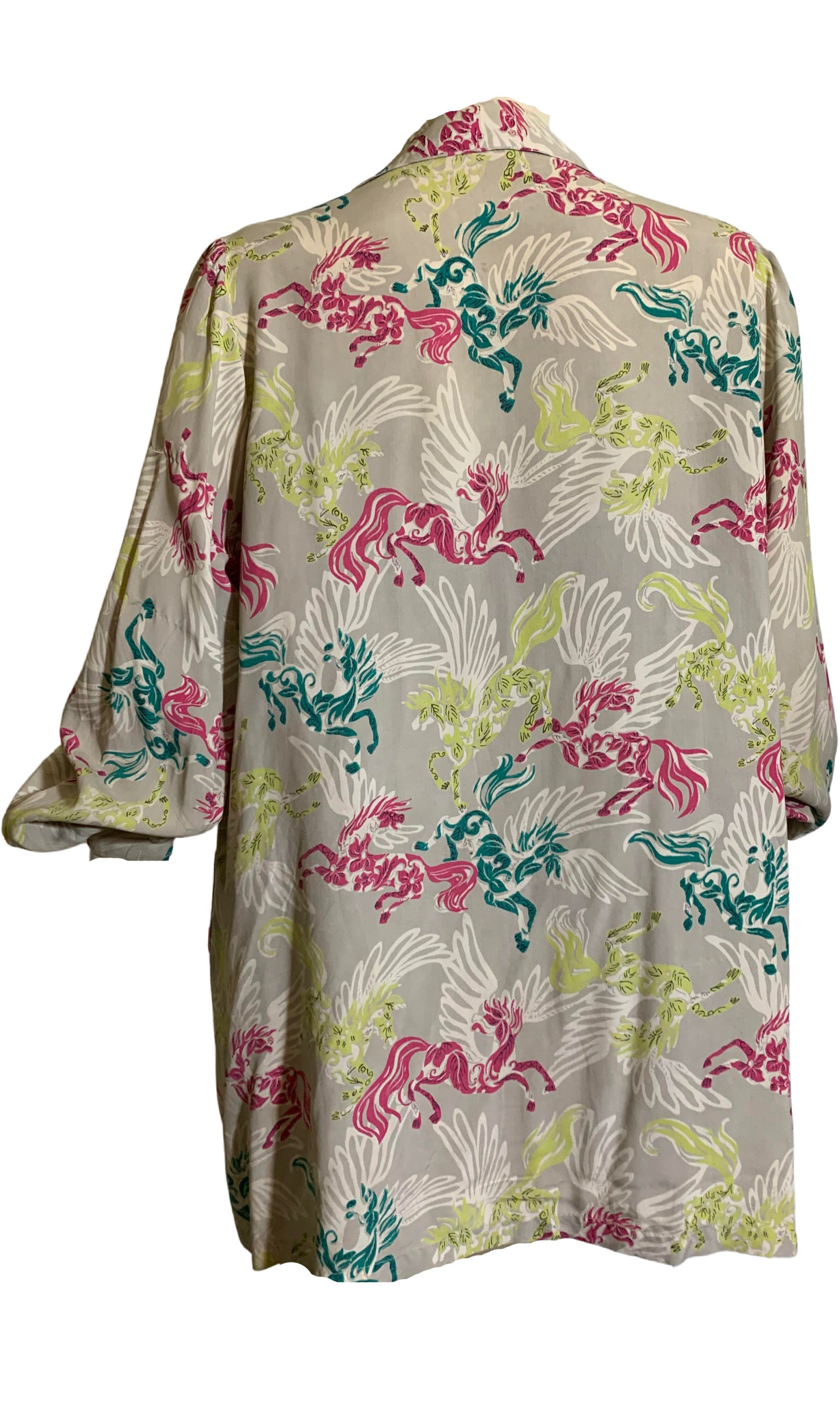 Magical Multicolored PEGASUS Novelty Print Rayon Smock Blouse circa 1940s