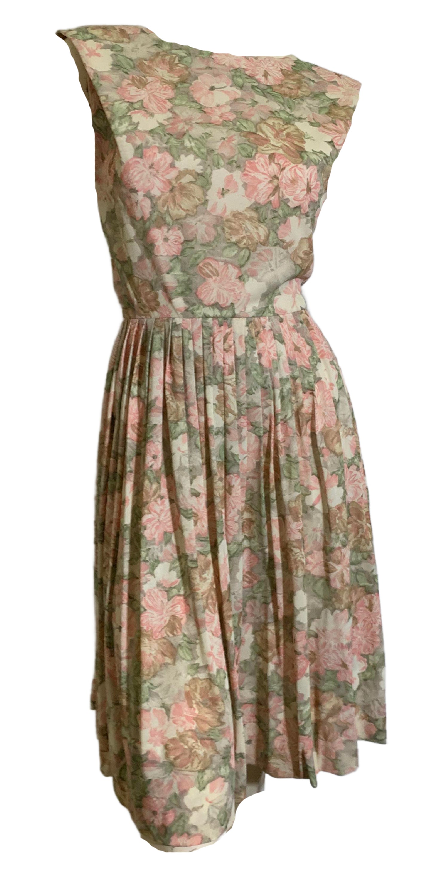 Softest Peach Floral Print Jersey Nylon Pleated Skirt Dress circa 1960s