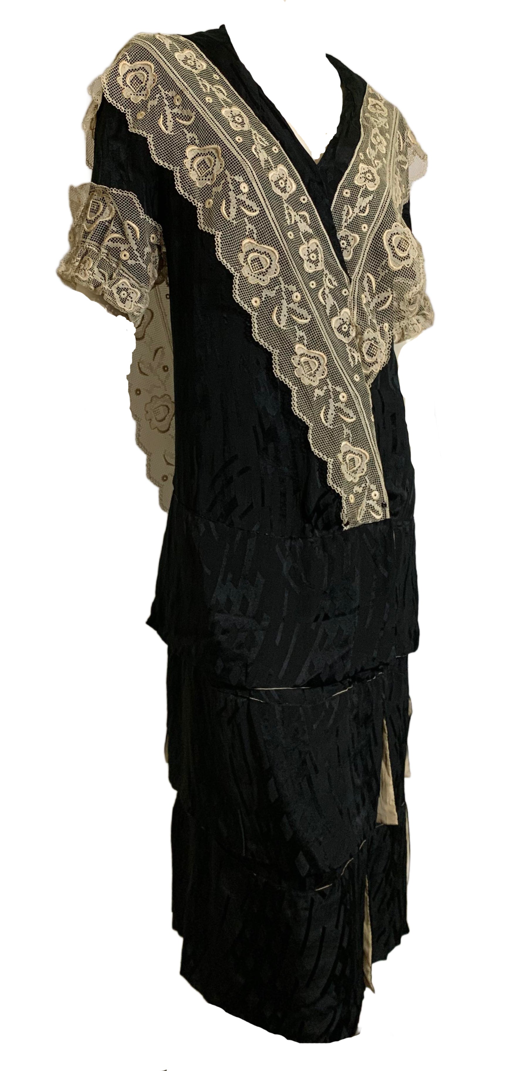 Black Silk Dropped Waist Dress with Wide Lace Trim Circa 1920s Black Silk Dropped Waist Dress with Wide Lace Trim Circa 1920s