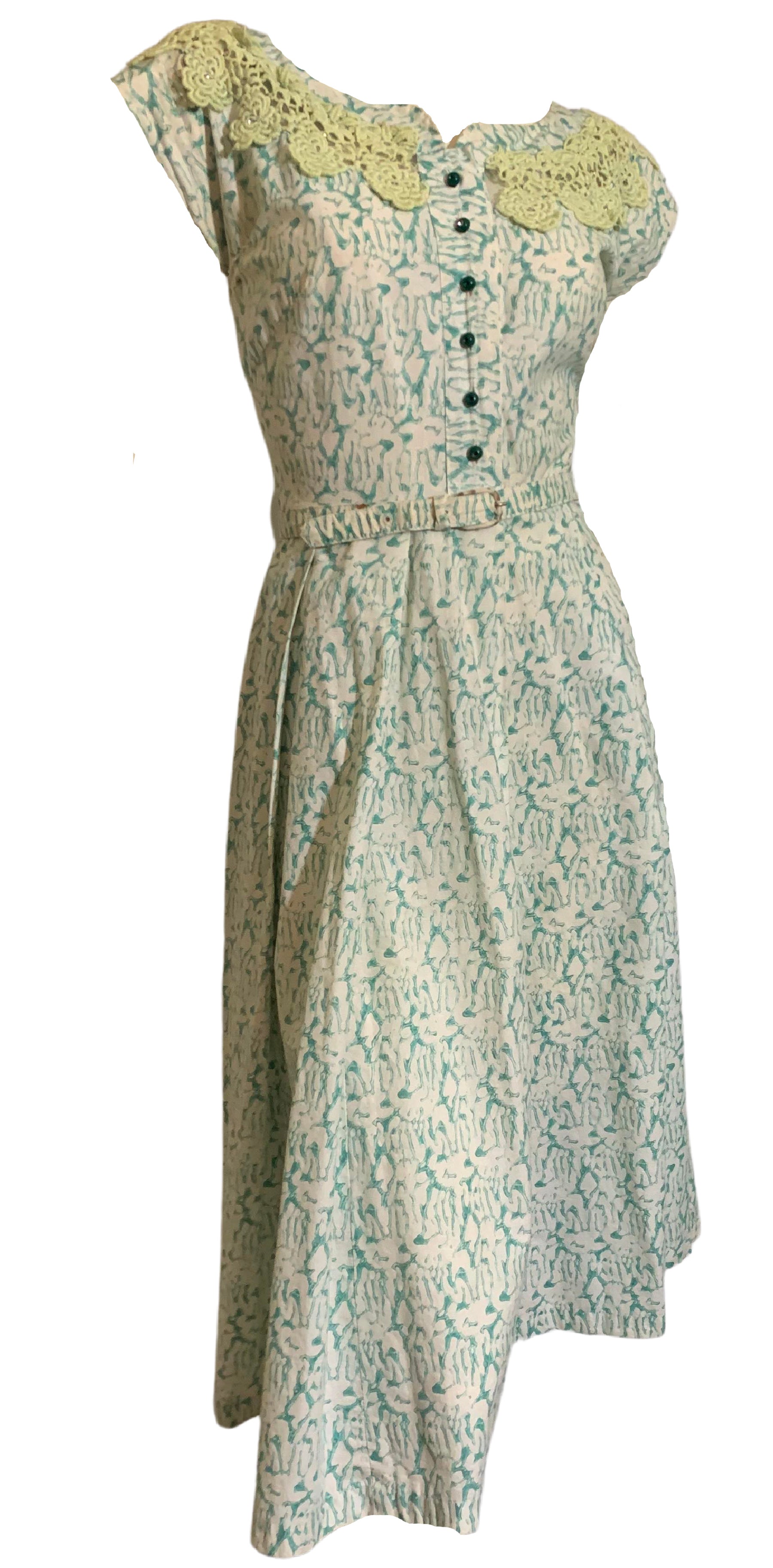 Aqua and Green Abstract Print Lace and Rhinestone Trimmed Dress Circa 1950s Aqua and Green Abstract Print Lace and Rhinestone Trimmed Dress Circa 1950s