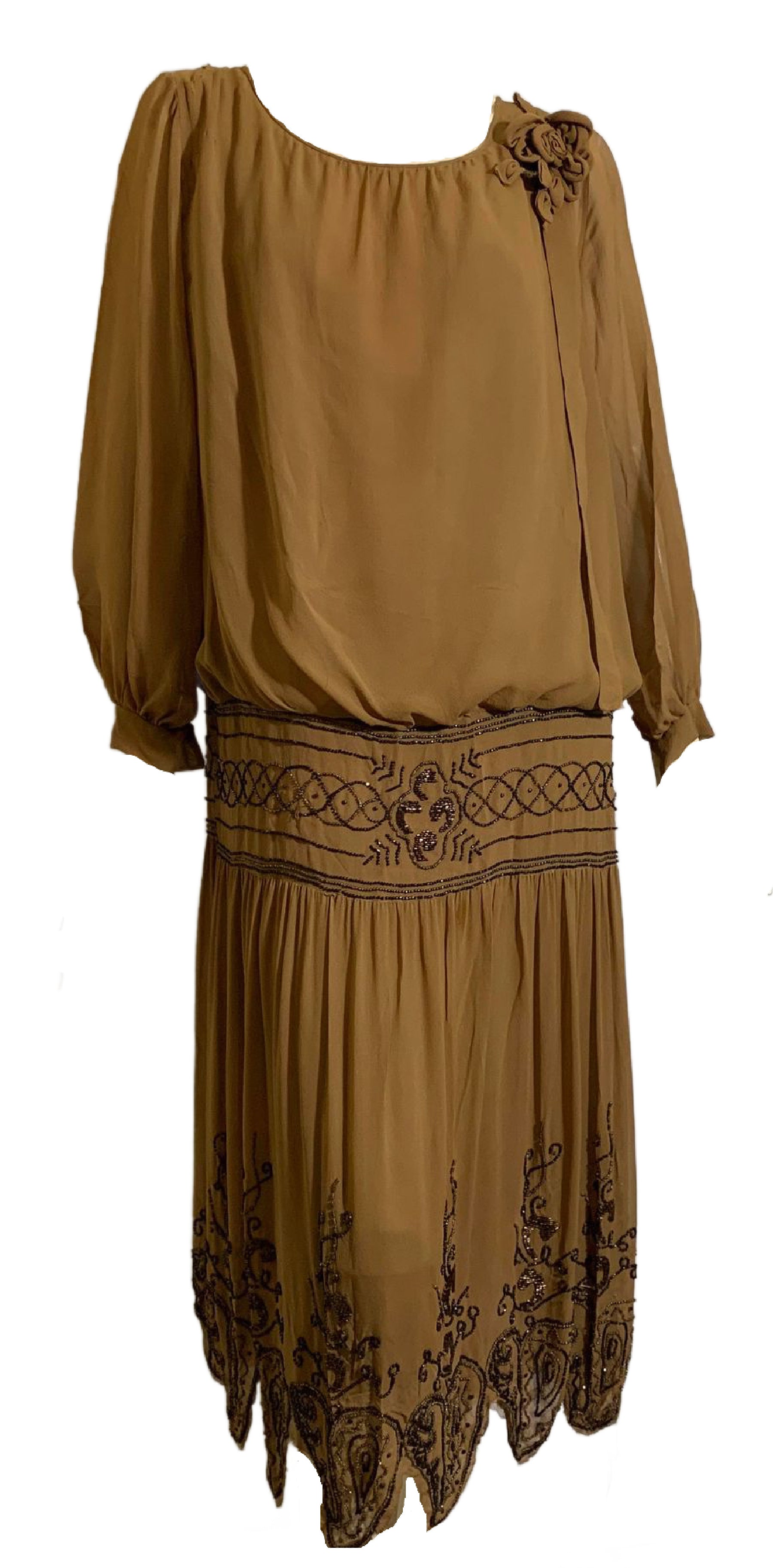 Cinnamon Silk Blouson Dropped Waist Beaded Dress Circa 1920s Cinnamon Silk Blouson Dropped Waist Beaded Dress Circa 1920s