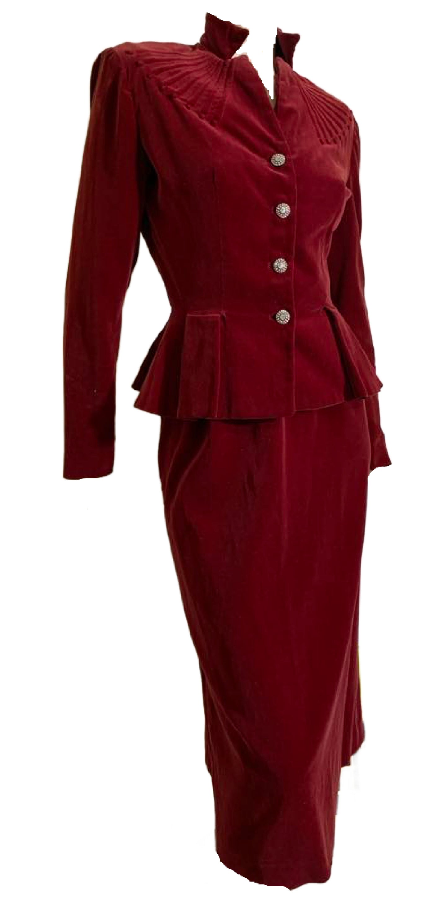 Plum Red Velvet Nipped Waist Suit with Trapunto Detailed Shoulders circa 1940s
