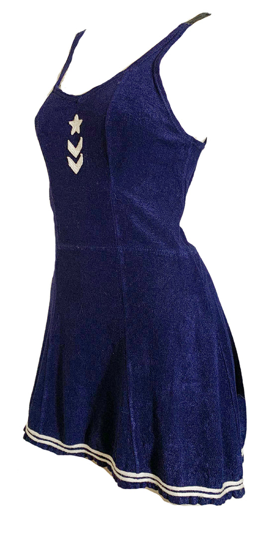Nautical Themed Royal Blue Low Back Brushed Wool Swimsuit circa 1930s Jantzen