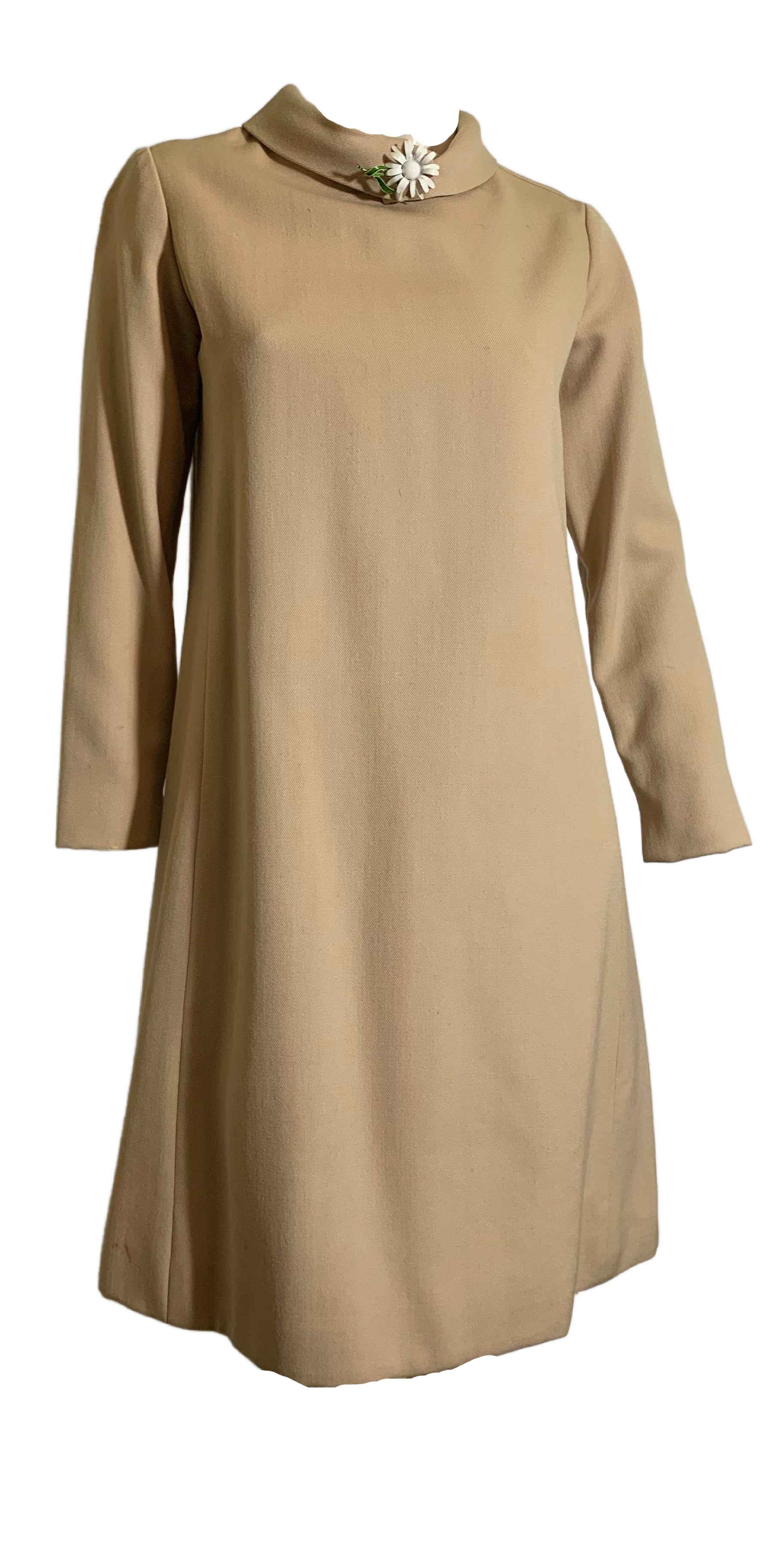 Chic Folded Collar Tan Dress circa 1960s Chic Folded Collar Tan Dress circa 1960s